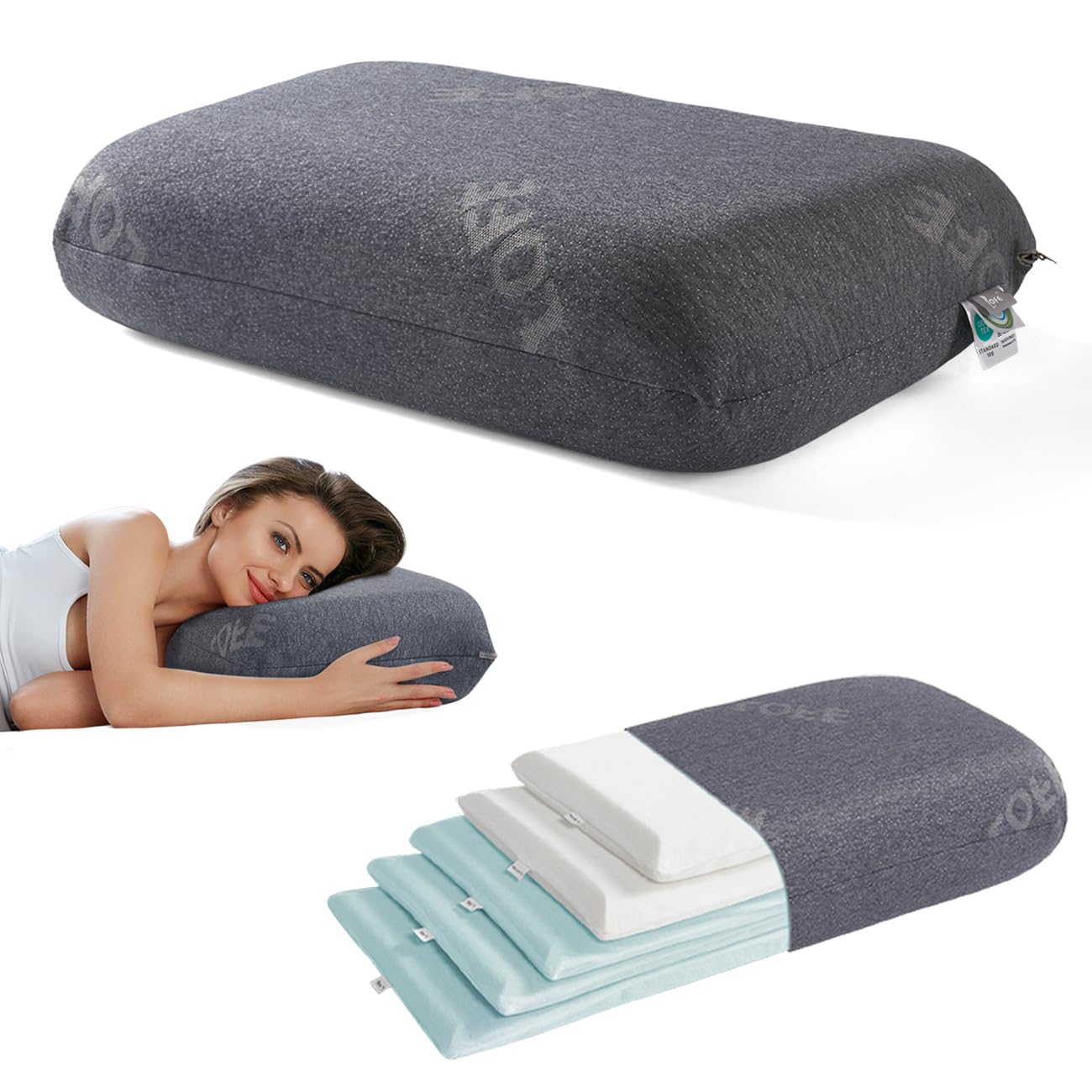 Lofe Adjustable Memory Foam Pillow - Combined Thin Pillow to Adjust Softness/Support, 10 Heights of Adjustable Piliow for Neck Pain Relief, CertiPUR-US Memory Foam Plilow for Stomach/Side/Back Sleeper