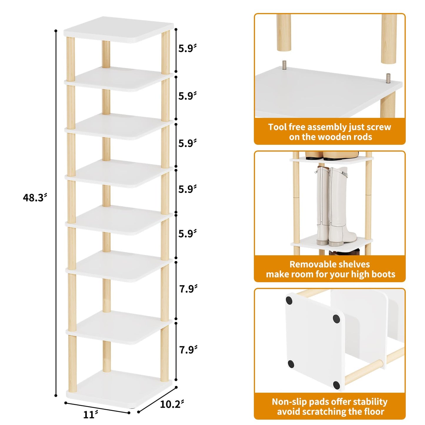 LUCKNOCK Vertical Shoe Rack, 8-Tier Tall Narrow Shoe Organizer for Entryway, Closet, Dorm & Small Spaces, Freestanding Wooden Shoe Shelf Tower for Boots, Sneakers, Heels. (White)