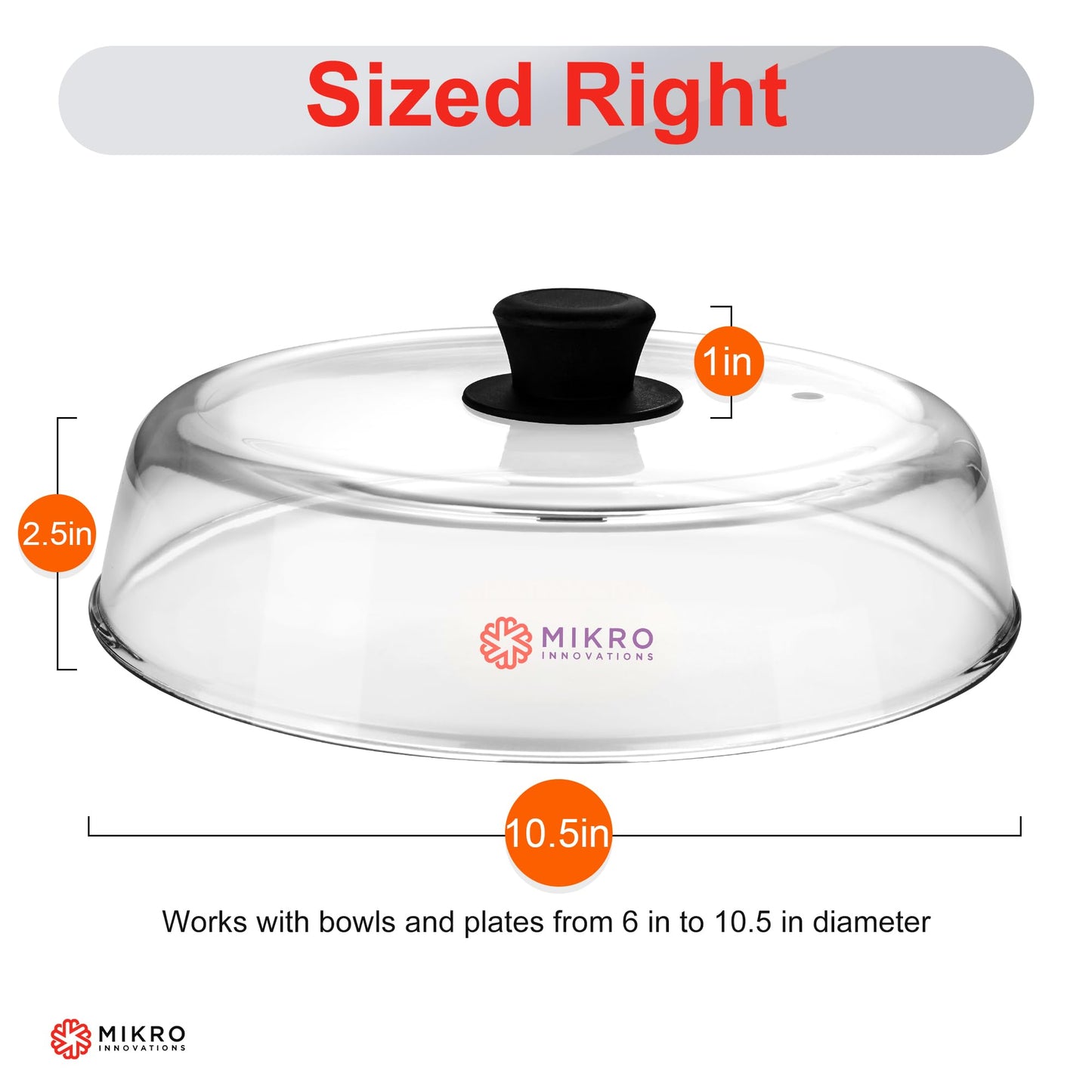 Mikro Innovations 10.5-Inch Glass Microwave Splatter Cover – Borosilicate Glass Food Plate Splatter Guard with Vent Hole, BPA-Free, Easy-Grip Silicone Knob, Dishwasher Safe (1, Black, 10.5in)