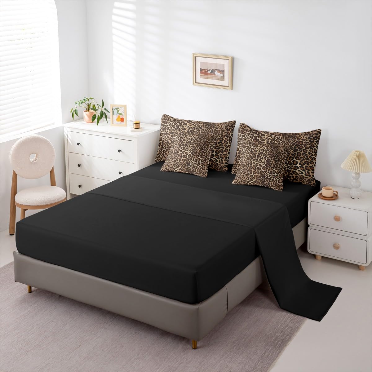 Erosebridal Leopard Print 7 Piece Bedding Set Full Cheetah Decor Comforter Set with Sheets Geometric Modern Bed in A Bag African Safari Animal Bed Sets with 2 Pillowcases, 2 Throw Pillow Covers