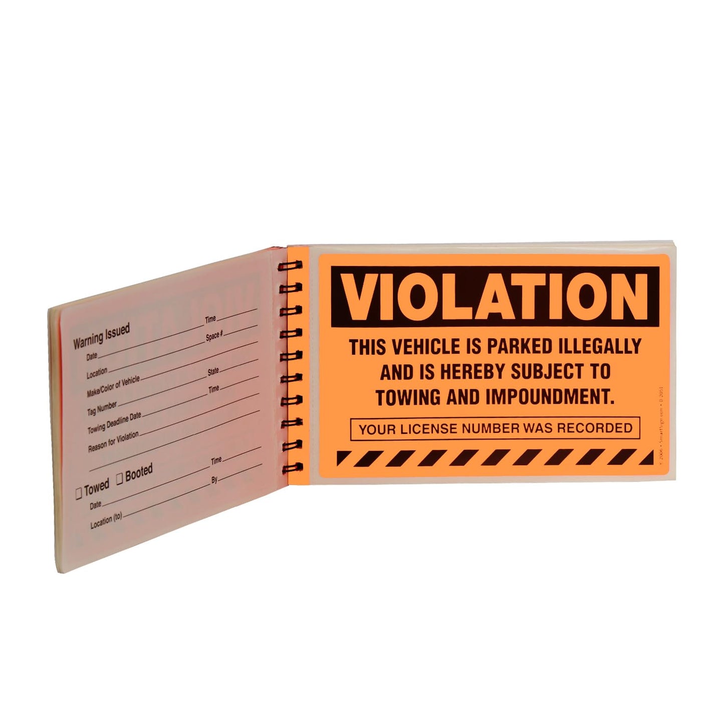 SmartSign Parking Violation Stickers, Book of 50 Stickers, 5" x 8", Vehicle Illegally Parked Subject to Impoundment Sticker, Hard to Remove Write-On Tickets, Fluorescent Orange