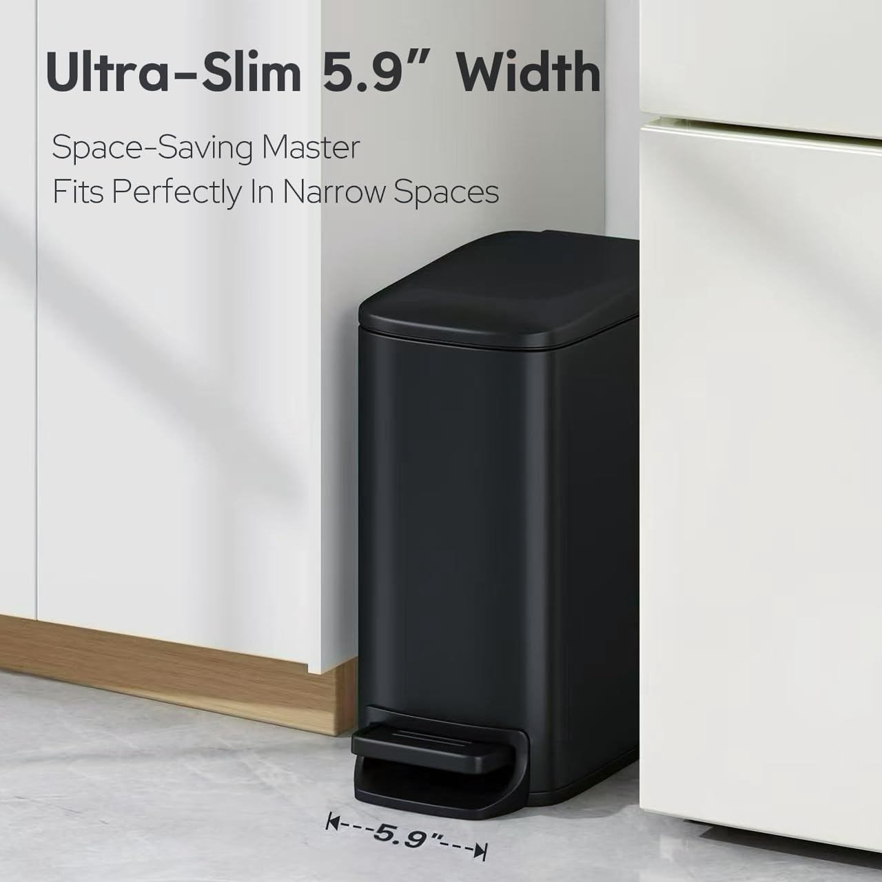 TIPGO Slim Bathroom Trash Can with Lid Soft Close, Step Pedal, 6 Liter / 1.6 Gallon Stainless Steel Trash Bin, Small Garbage Cans for Bedroom, Office, Kitchen (Matte Black)
