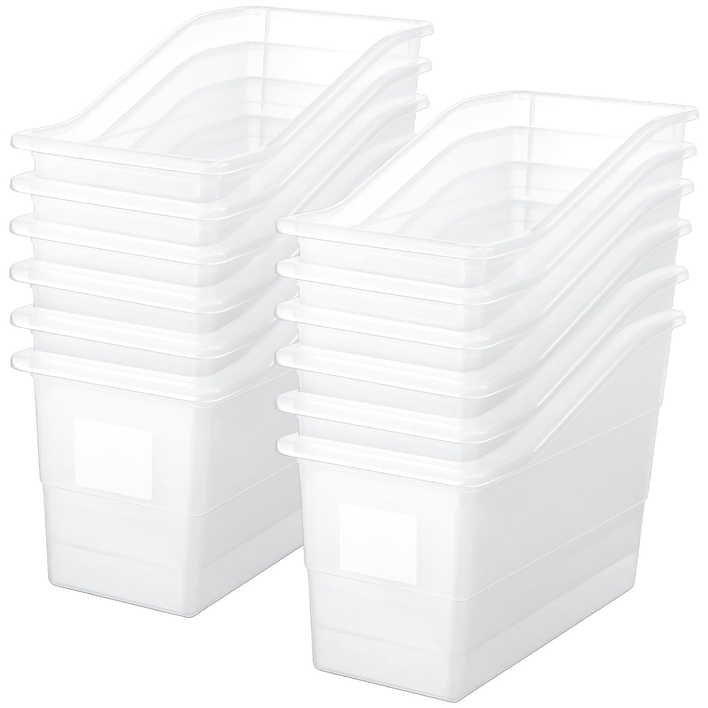Suzile 12 Pcs Book Bins with Labels Linking Storage Bins Folder Magazine File Holder Interlocking Plastic Book Organizer Container for Office Classroom Home (Clear)