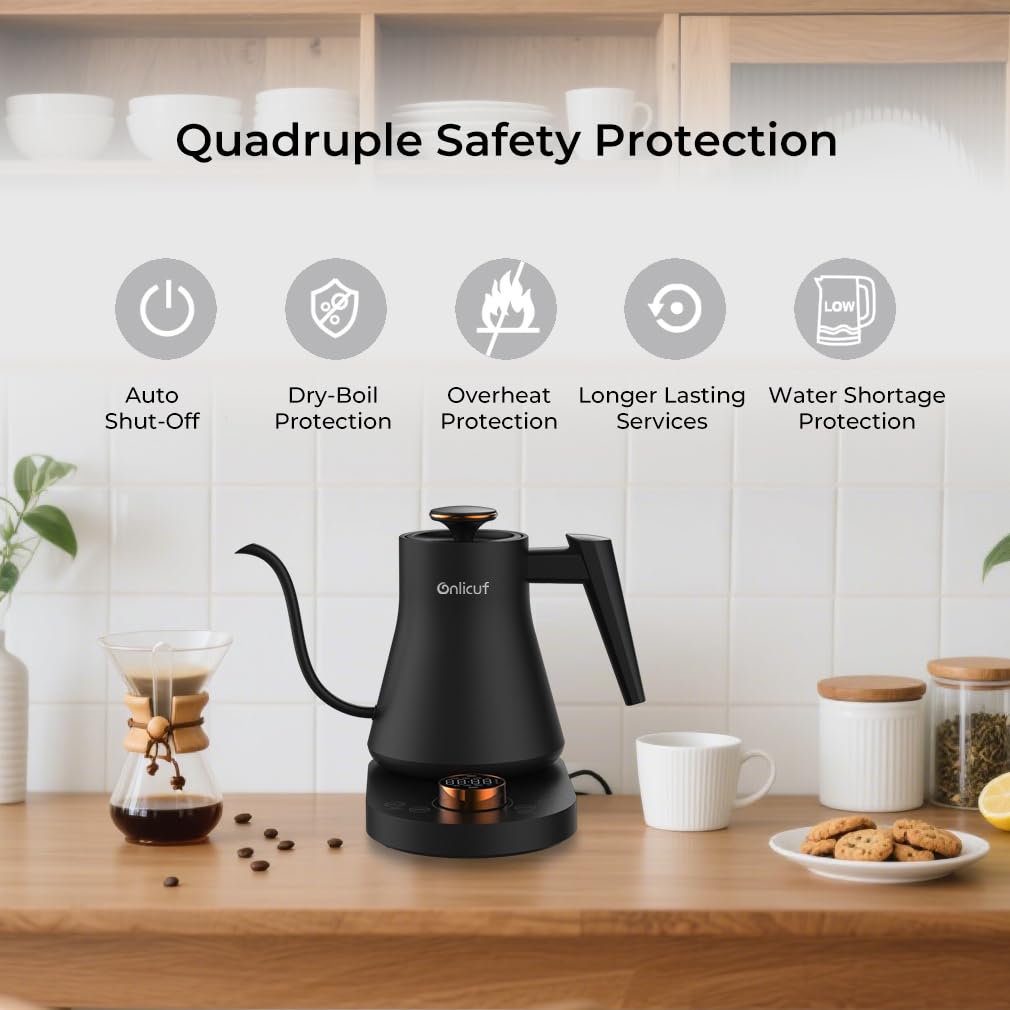 Onlicuf Electric Gooseneck Kettle with Temperature Control, 0.8L Pour Over Coffee, ±1°F Precision Heating, 7 Presets, Stainless Steel Inner, Electric Tea Kettle with 2H Keep Warm, Matte Black