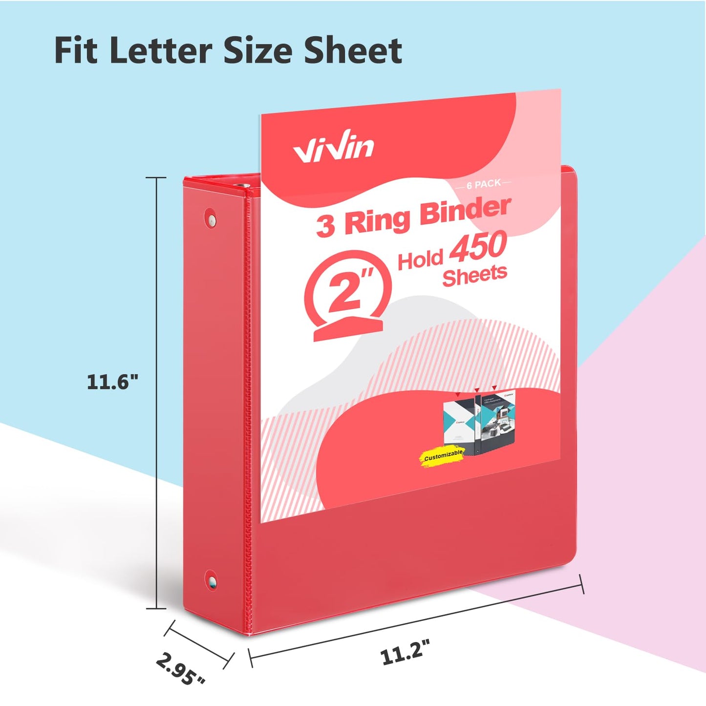 ViVin 2 Inch Round Ring View Binder for Durability, Standard 3 Ring Binder for 450 Sheets of US Letter Size Paper, PVC-Free, 6-Pack (Assorted)