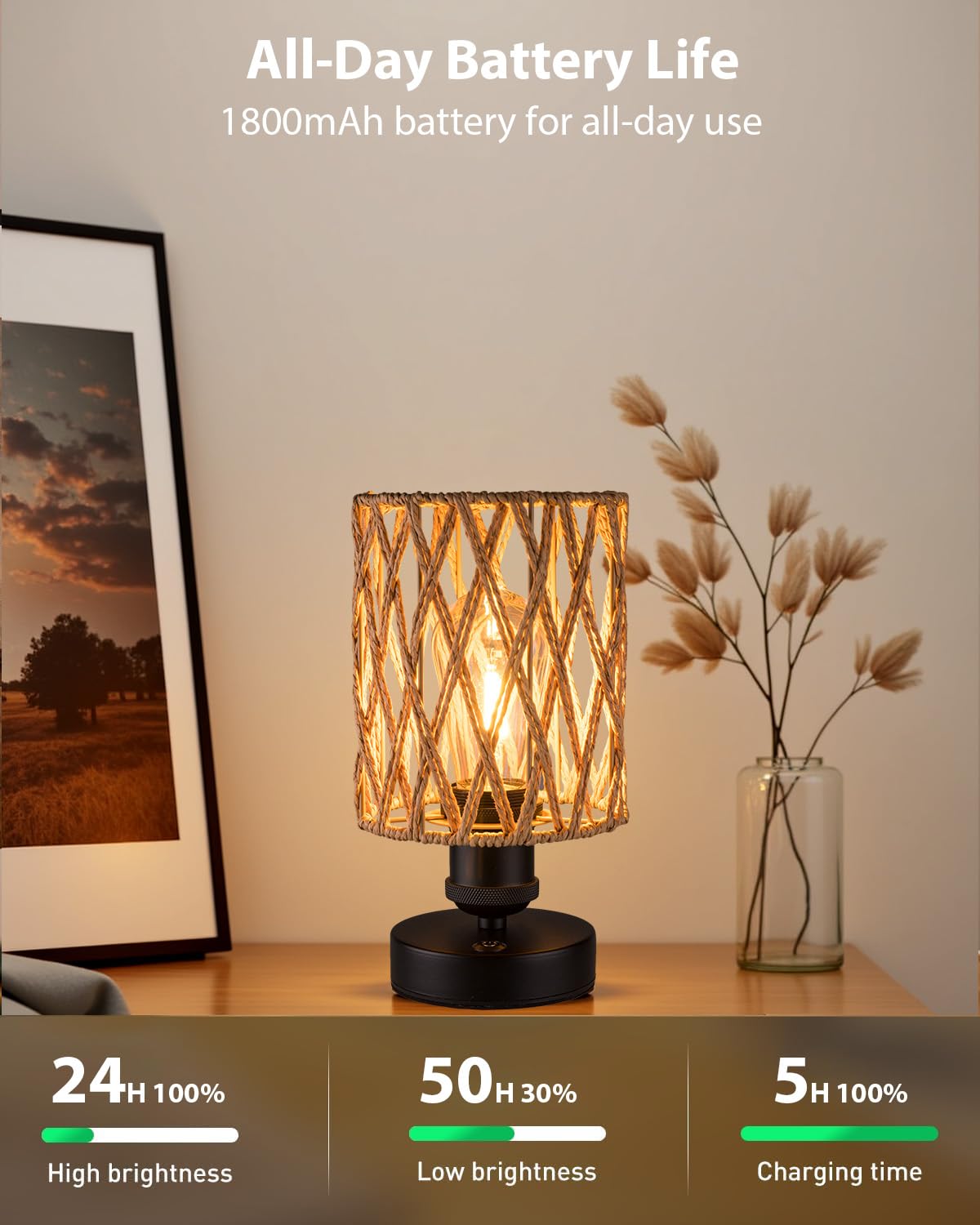 ALL FORTUNE Cordless Outdoor Table Lamps, Small Rattan Boho, Rechargeable Battery Operated for Outdoor Patio, Home, Living Room, Bedroom, Bedside - Set of 2 (Beige-A)