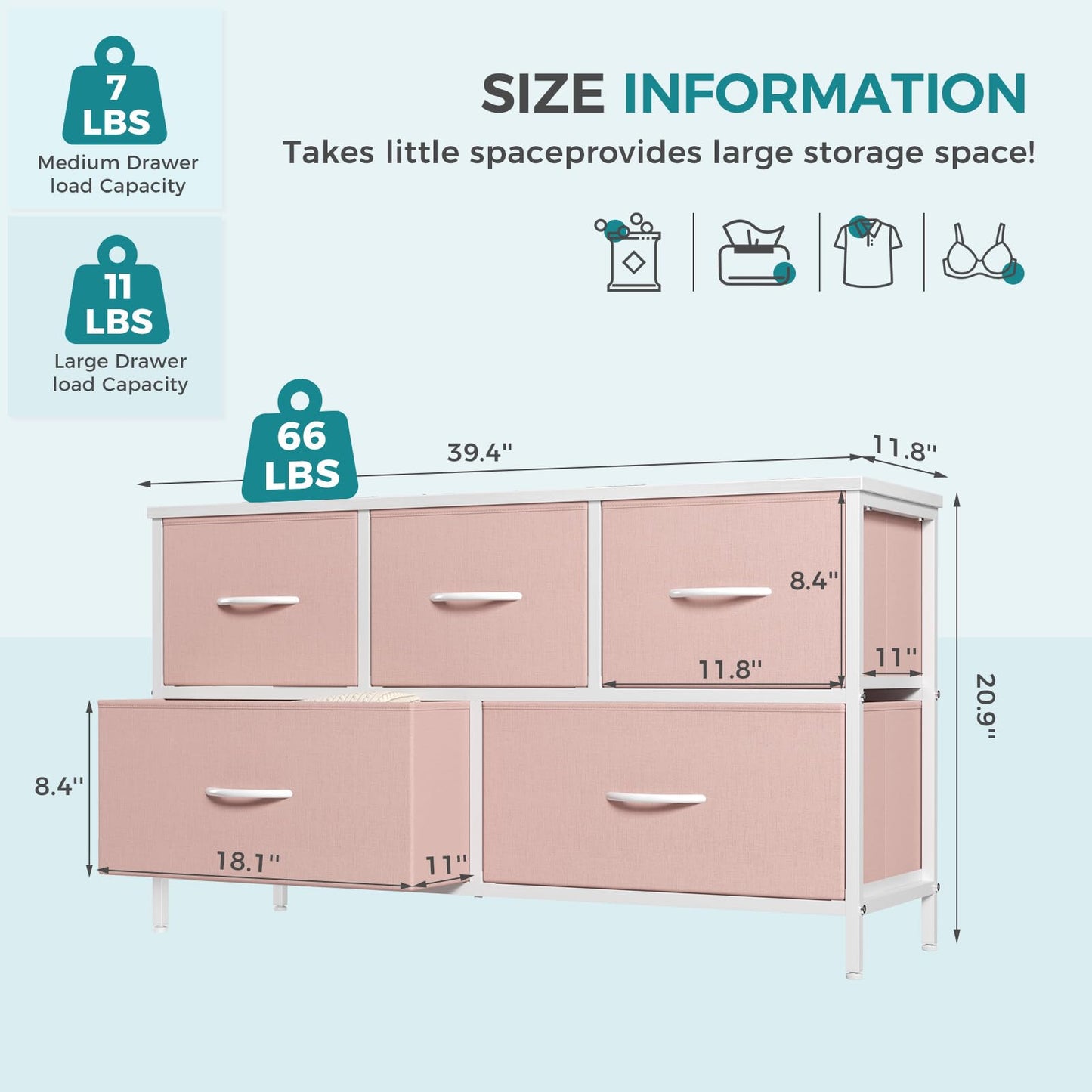 OLIXIS Dresser for Bedroom with 5 Drawers, Wide Chest of Drawers, Fabric Bedroom Dresser with Drawer Organizer, Storage Organizer Unit with Fabric Bins for Closet, Living Room, Hallway, Pink