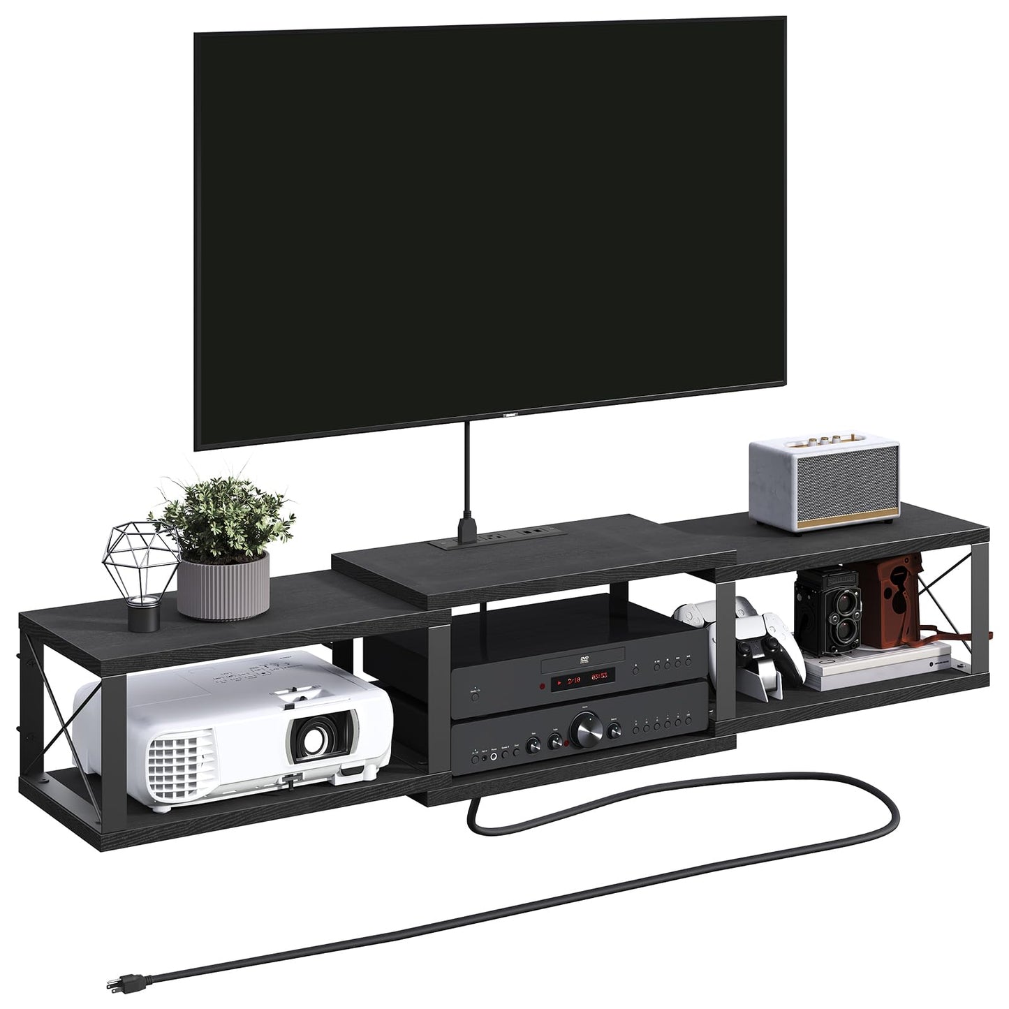 MAHANCRIS 43.7” Floating TV Stand with Power Outlet, Wall-Mounted Entertainment Center, Floating Metal Frame Media Console Shelf for Under TV Storage, for Living Room, Bedroom, Black TVHB101E01