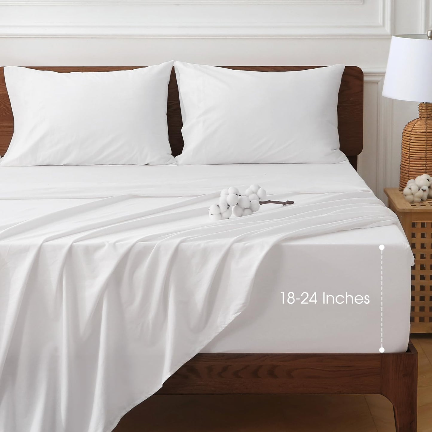 HYPREST Extra Deep Pocket Queen Sheet Sets Fits 18"-24" in Deep Mattress -100% Cotton Queen Sheet Set,White Hotel Luxury Soft Cooling Sheet Sets for Queen Bed Deep Pocket