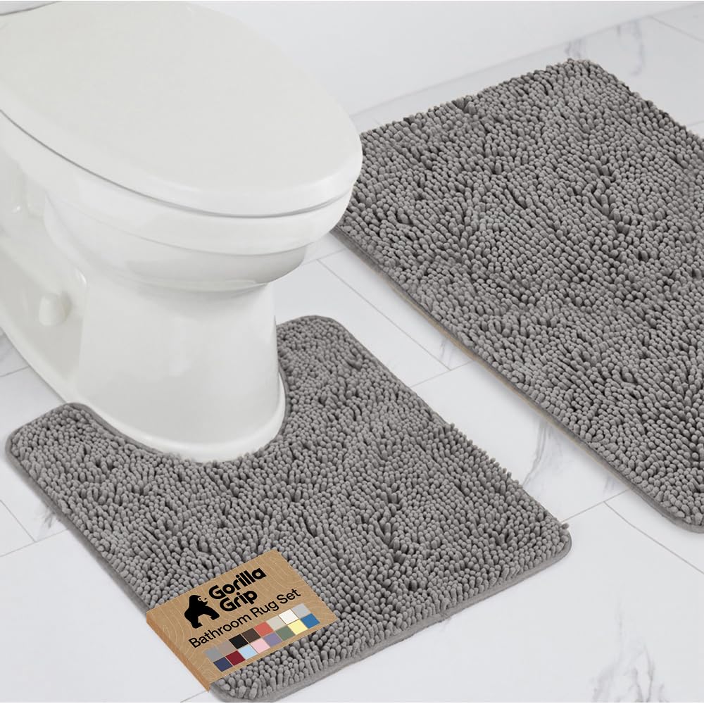 GORILLA GRIP Bathroom Rug Sets, Soft Chenille 2 Piece Area Rugs Set, Toilet Base Mat and 30x20 Carpet, Absorbent Microfiber Washable Mats Dry Quickly, Home Décor and Bath Room Accessories, Grey