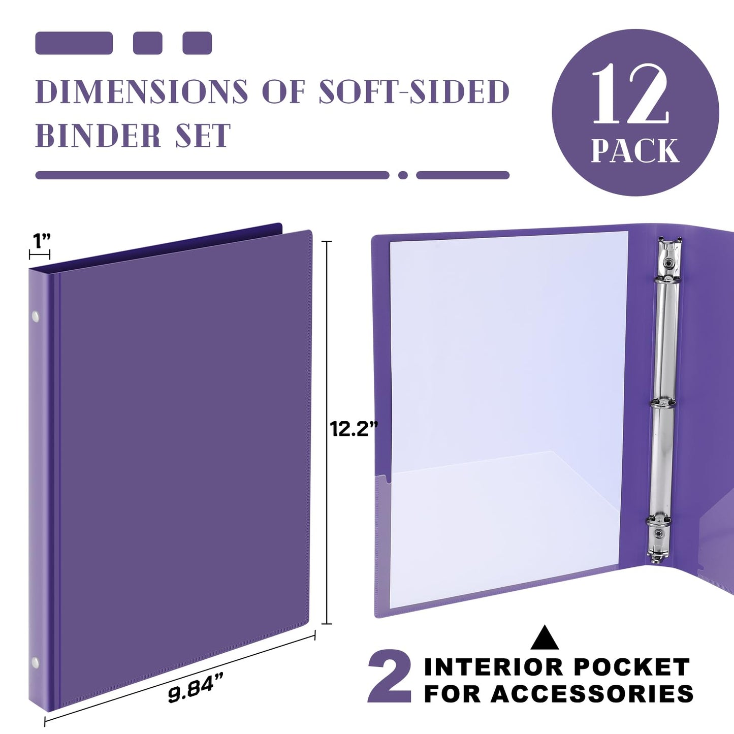 Fulmoon 12 Pcs Economy View 3 Ring Plastic Binder 12.2 x 9.8 Inch Plastic Round Ring Binders with Pockets Notebinder for Meetings for Home, Office, School(Purple, 1 Inch)