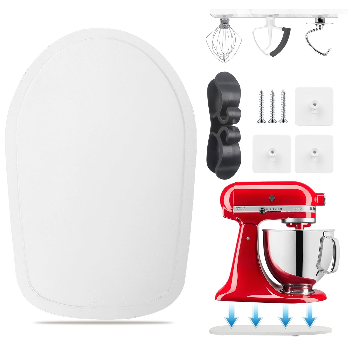 Sliding Mat for Kitchen aid 4.5-5 Qt Stand Mixer with 1Pc Cord Organizer and 3Pcs Attachment Holder for Kitchen Appliance Slider (4.5-5 Qt Bamboo and Attachment, White)