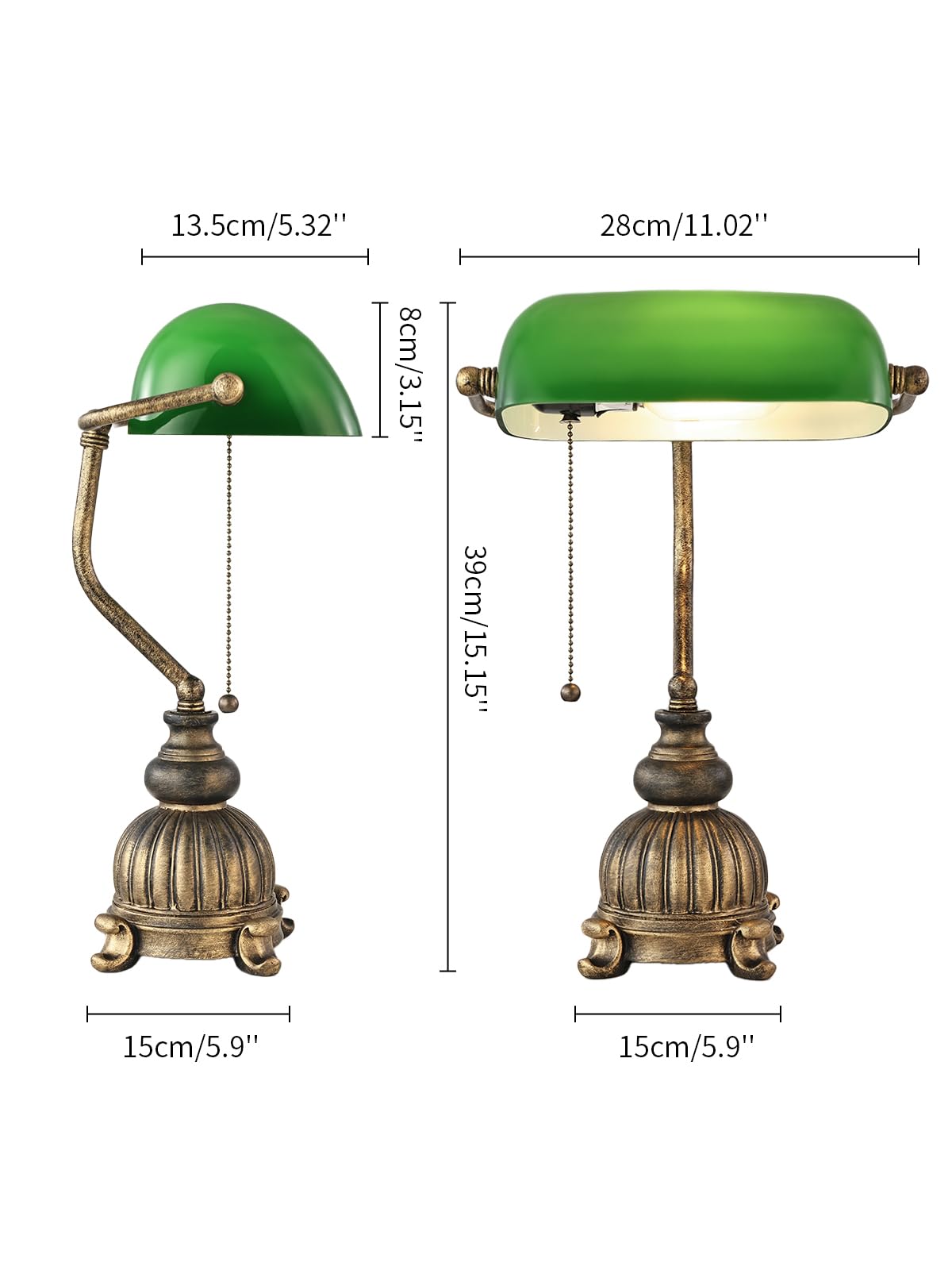 Newrays Retro Green Glass Bankers Desk Lamp for Home Office,Library with Pull Chain Switch Plug in Fixture, LED Bulb Included