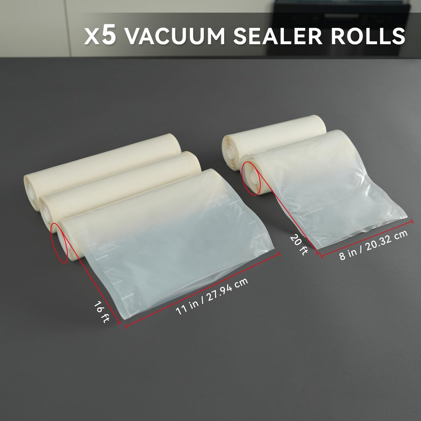 VestaEco Compostable Vacuum Sealer Bags for food, 3 Rolls 11" x 16' and 2 Rolls 8" x 20', Heavy-Duty Embossed Vacuum Seal Bags, Customized Size for Meal Prep/Sous Vide Cooking, BPA-Free