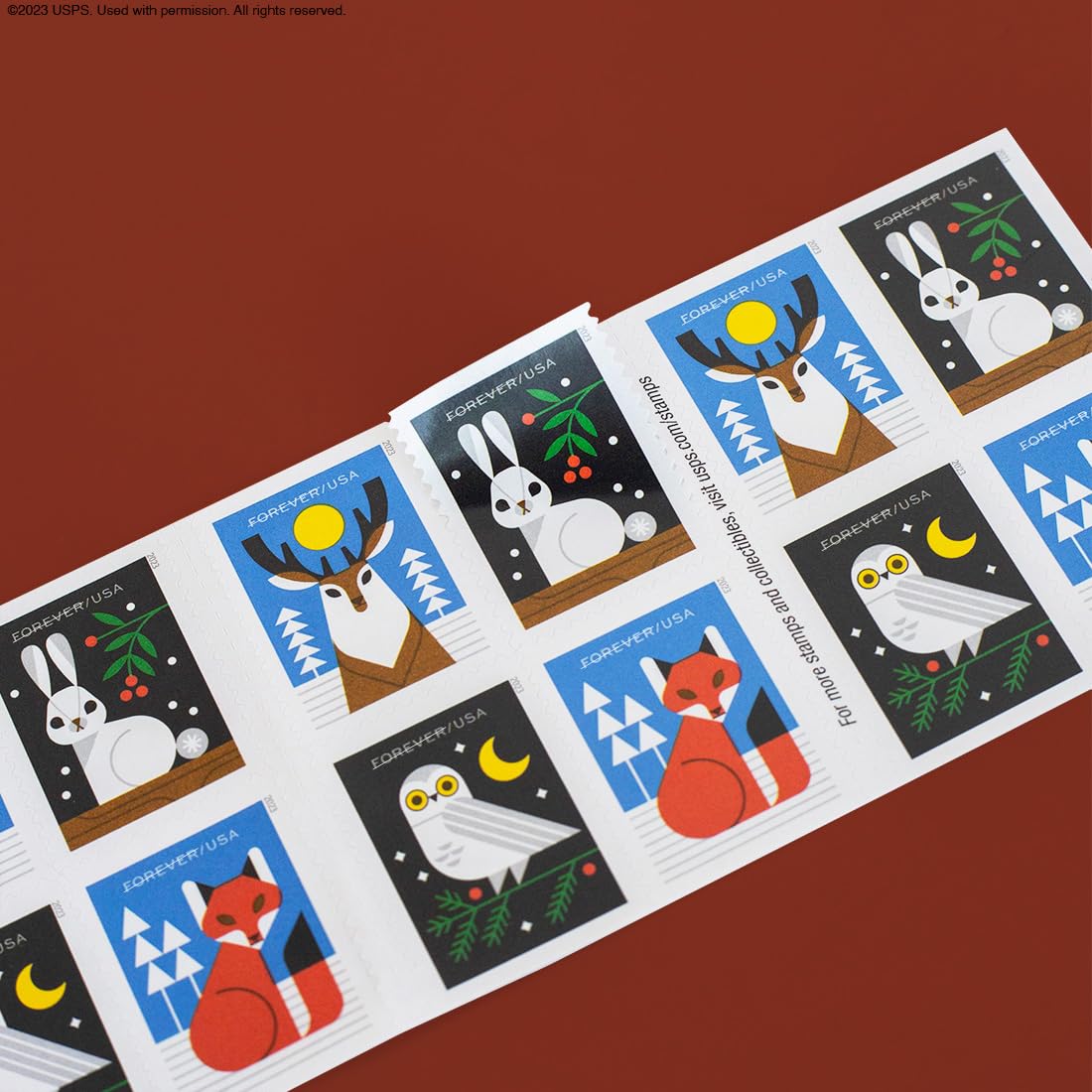 Winter Woodland Animals (2 Booklets of 20) Forever Postage Stamps (a Deer, Fox, Rabbit, and Owl) 2023 Scott #5822-5825,40 Stamps