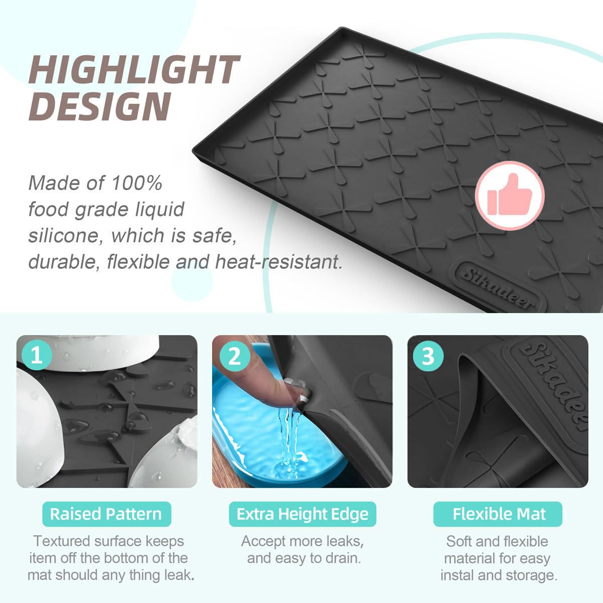 SIKADEER Silicone Under Sink Mats for Kitchen Waterproof 34" x 22", Raised Edge Cabinet Protector Shelf Liner, Pet Feeding Mat Boot Tray Home Organizers and Storage Kitchen Essentials