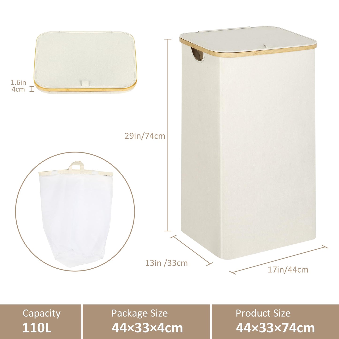 iEGrow Laundry Basket with Lid, 110L Large Laundry Hamper with Handle and Lid, Collapsible Clothes Basket Organizer with Removable Inner Bag for Clothes Toys Towels - Beige