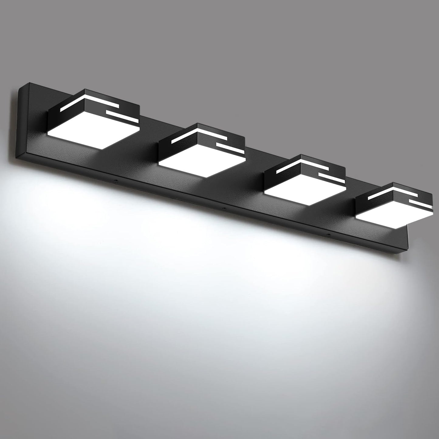 LKHF LED Modern Bathroom Vanity Light Fixtures, Dimmable Matte Black Vanity Lights for Bathroom Lighting Fixtures Over Mirror, with 360° Rotatable Acrylic Heads 4-Light 28-inch (Cool White 6000K)