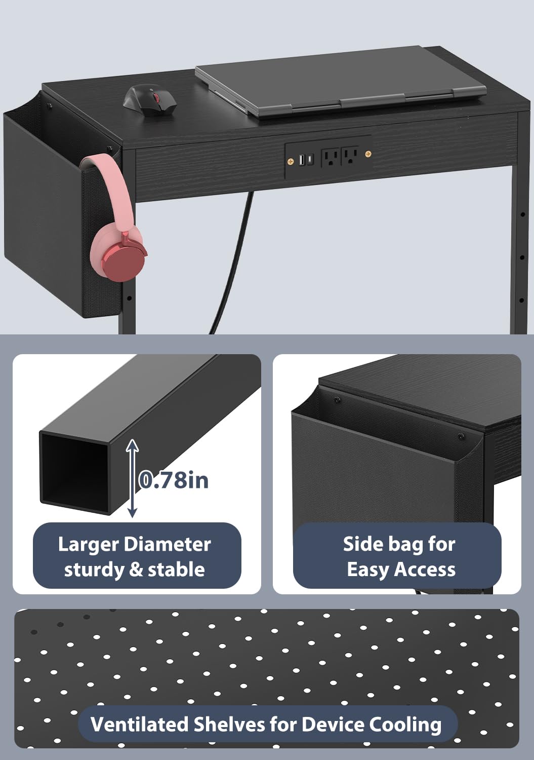 Adjustable Computer Tower Stand with Charge Station,Heavy-Duty Rolling PC Stand, CPU Tower Cart with Wheels for ATX Gaming Computer,Under Desk Holder,Black