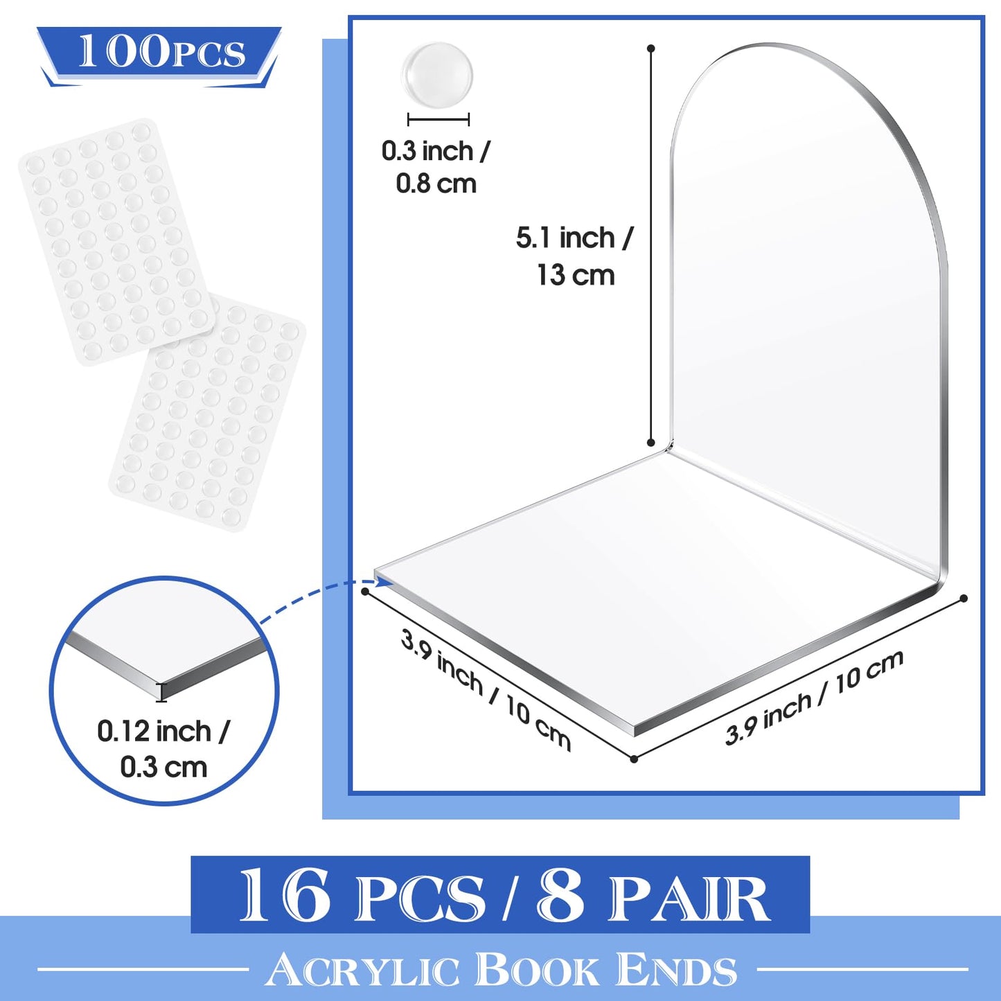 Leinuosen 16 Pcs Acrylic Clear Book Ends with Silicone Pad Non Skid Book Holders Arch Shape Heavy Duty Bookends Stoppers for Movies, CDs, Video Games (Clear)