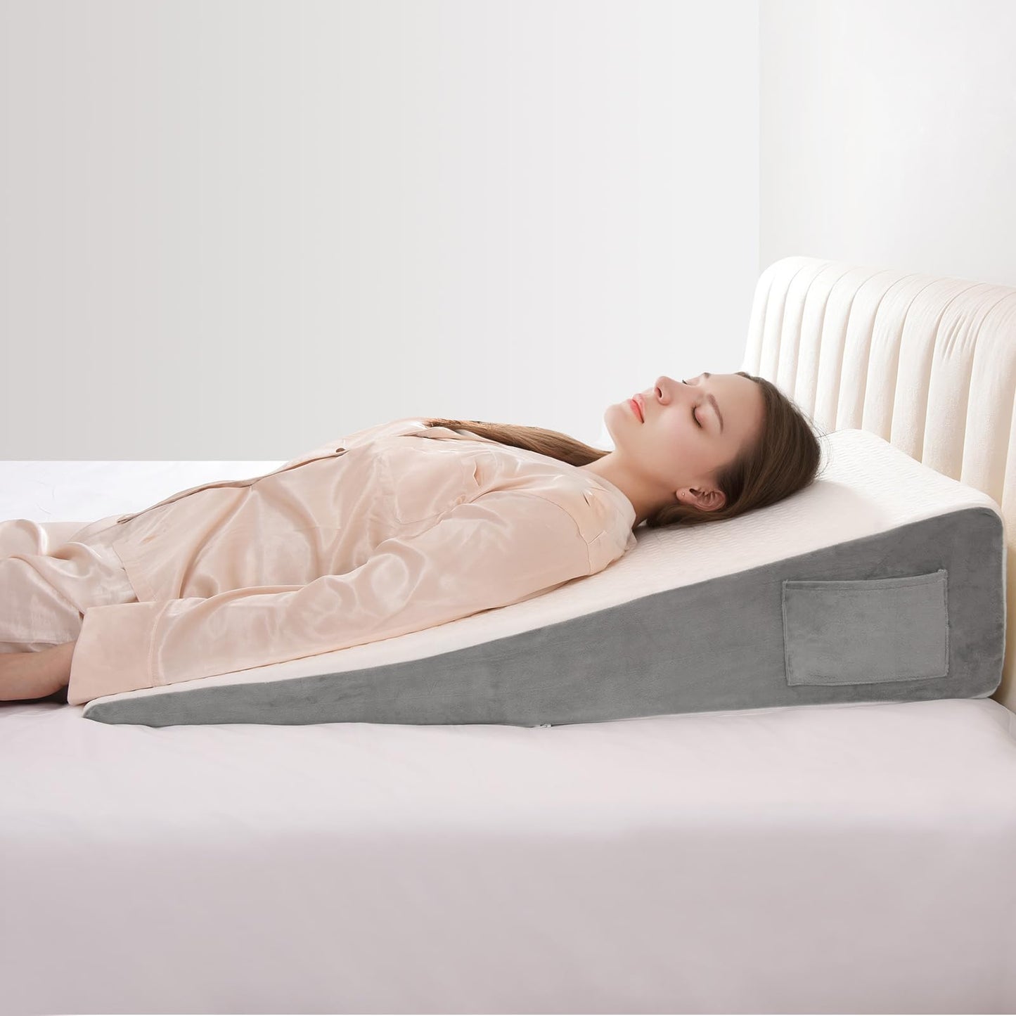 Vekkia 34" Extra-Long Wedge Pillow, Back & Arm Support, Bed Wedge Pillow for Sleeping After Surgery, Acid Reflux, Snoring Relief, Removable Washable Cover & Double Side Pockets, 7.5" Height, Gray