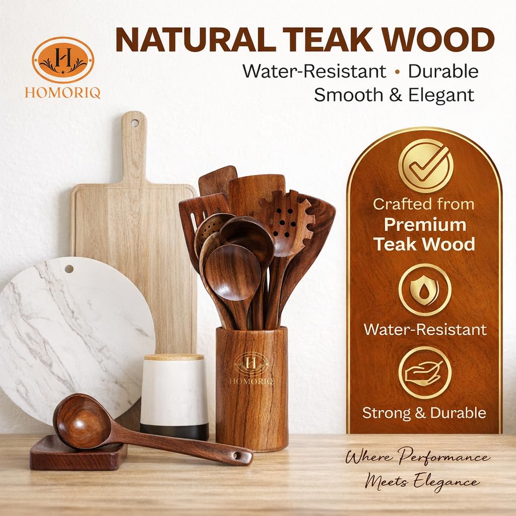 12-Piece Premium Teak Wooden Cooking Utensils Set – Heat-Resistant Spoons & Spatulas with Holder and Spoon Rest | Non-Stick Safe, Lightweight Natural Wood Kitchen Tools
