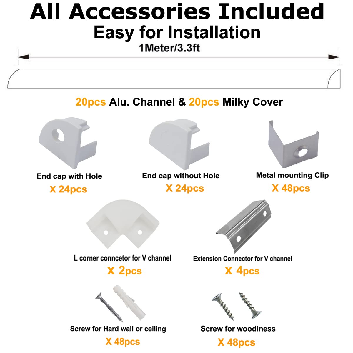 hunhun 20-Pack 3.3ft/1Meter V Shape LED Aluminum Channel System with Milky Cover, End Caps and Mounting Clips, Aluminum Profile for LED Strip Light Installations, Very Easy Installation