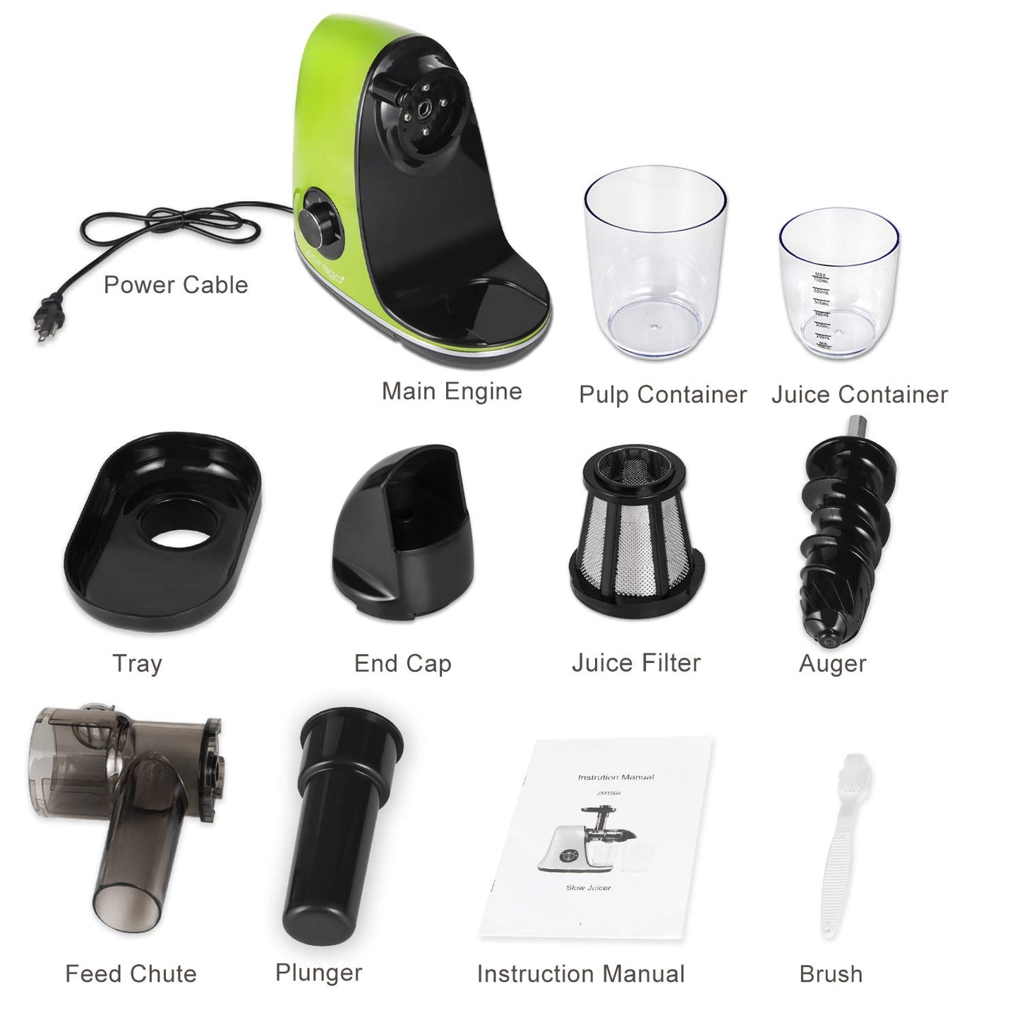 CIRAGO Horizontal Cold Press Juicer, Two Speed Adjustments, Slow Masticating Juicer Extractor, Easy to Clean, Silent Motor, Suitable for Vegetables and Fruits, BPA Free (Green)