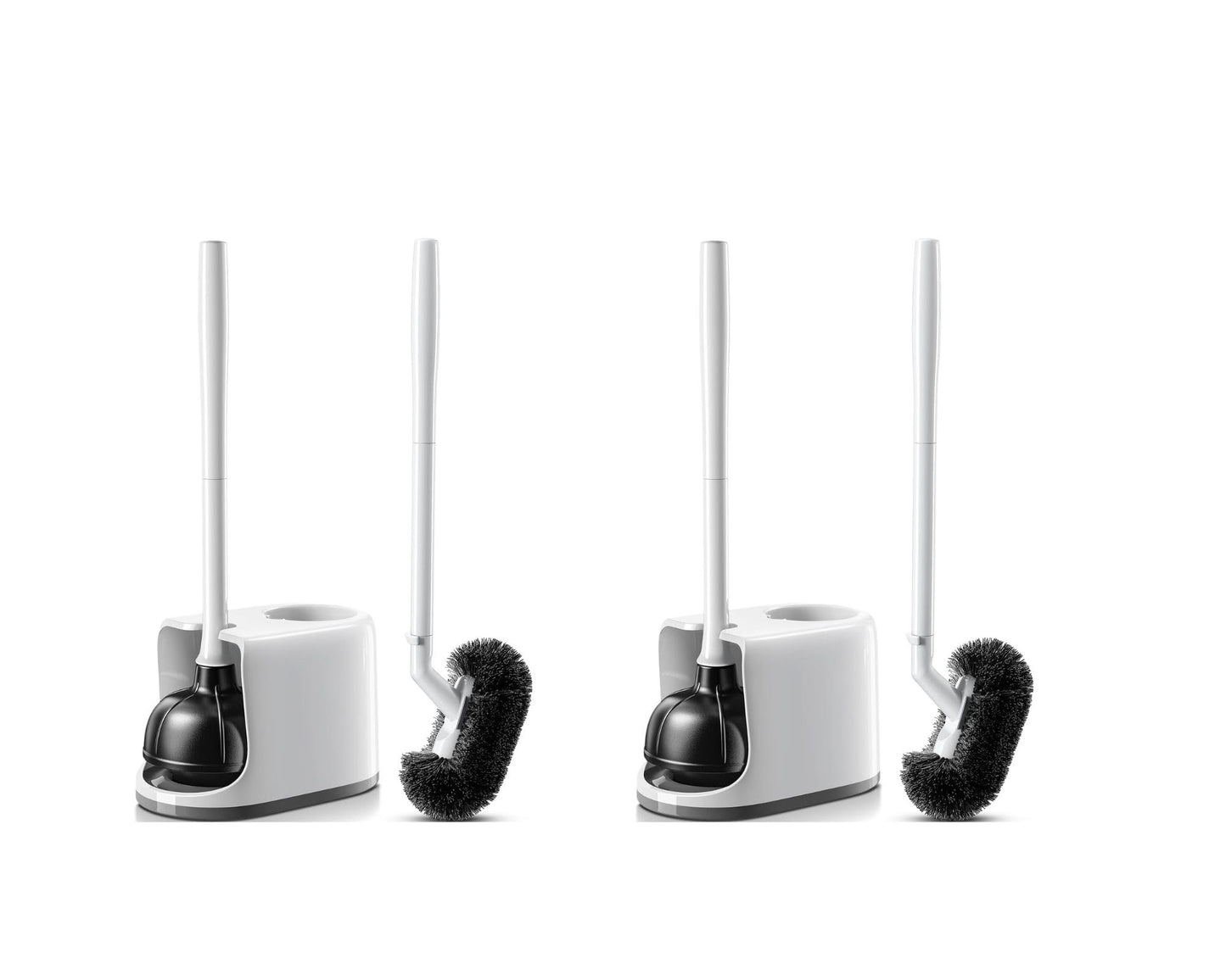 HAMITOR Toilet Plunger and Brush Set for Bathroom Cleaning with Extented Handle - Heavy Duty Toilet Plunger Combo Accessories with Caddy Stand Holder for Small Space - White,2 Sets