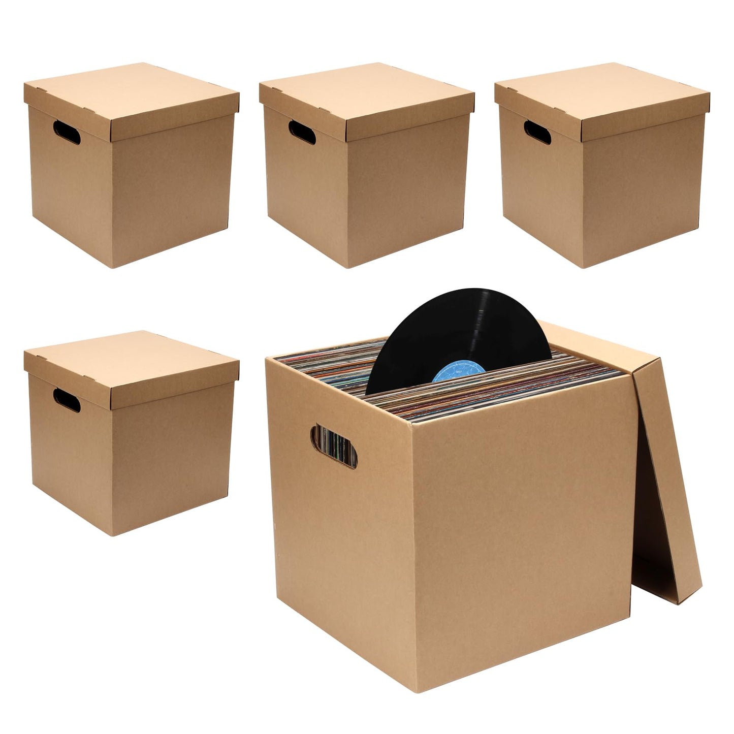 DIICCYO 5 Pcs 12'' Cardboard Vinyl Record Storage Box, Moving Box with Double Thickness Handles and Lids Record Album Storage Crate, Cardboard Crate for Album Vinyl Storage