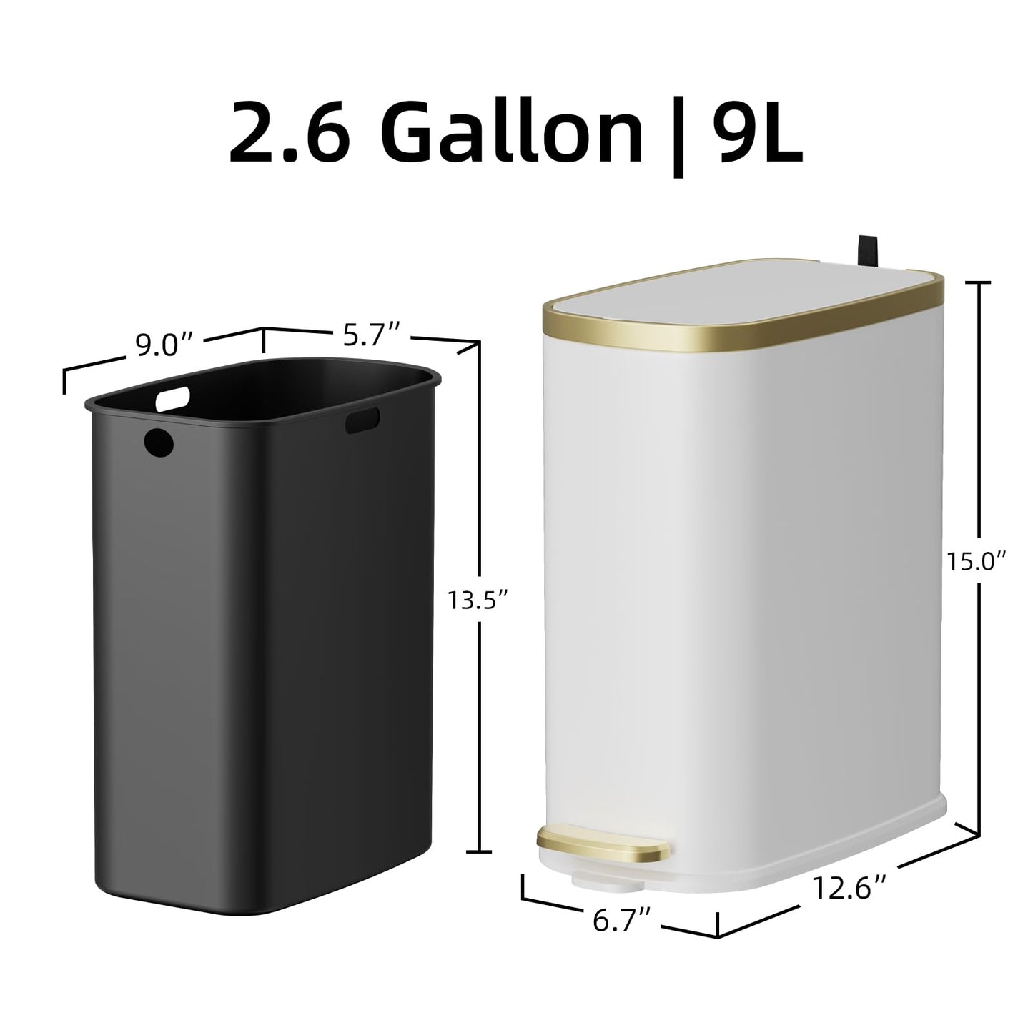 KUK Small Bathroom Trash Can with Lid Soft Close, Step Pedal, 2.6 Gal Stainless Steel Garbage Can with Removable Inner Bucket, Anti-Fingerprint Wastebasket for Office, Bedroom, Toilet (White)