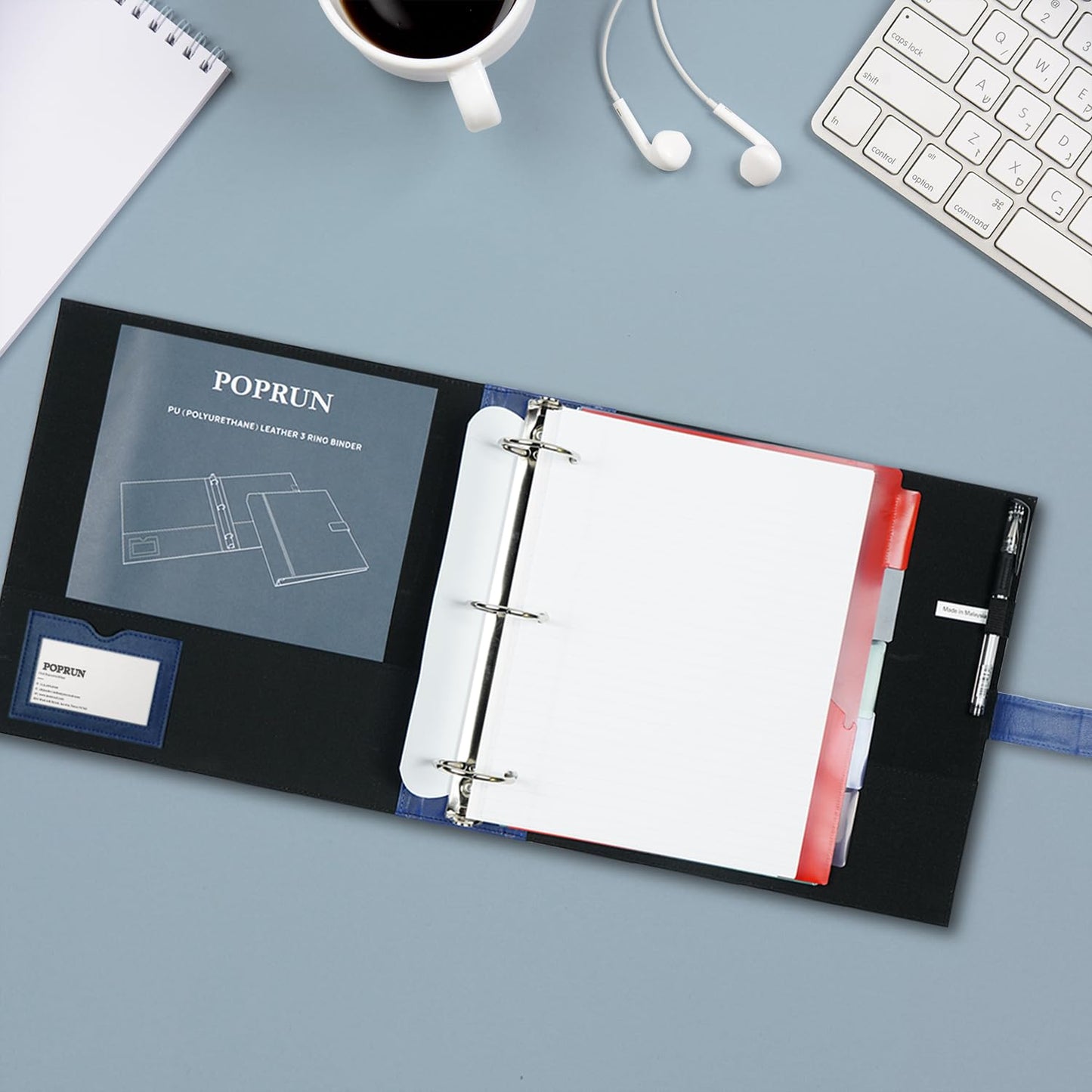POPRUN Portfolio Binder, PU Leather 3 Ring Binder 1.5 Inch, Includes Card Slots, PP Dividers, Filler Paper & Tab Stickers, Professional Organizer for Office Meetings & Presentation, Blue