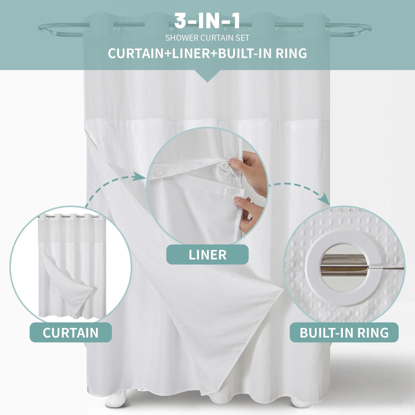 eachope White No Hook Waffle Weave Shower Curtain with snap-in Liner Replacement, 230GSM Waterproof Fabric Hotel Shower Curtain Set for Bathroom, Through Mesh Top Window,71Wx74H