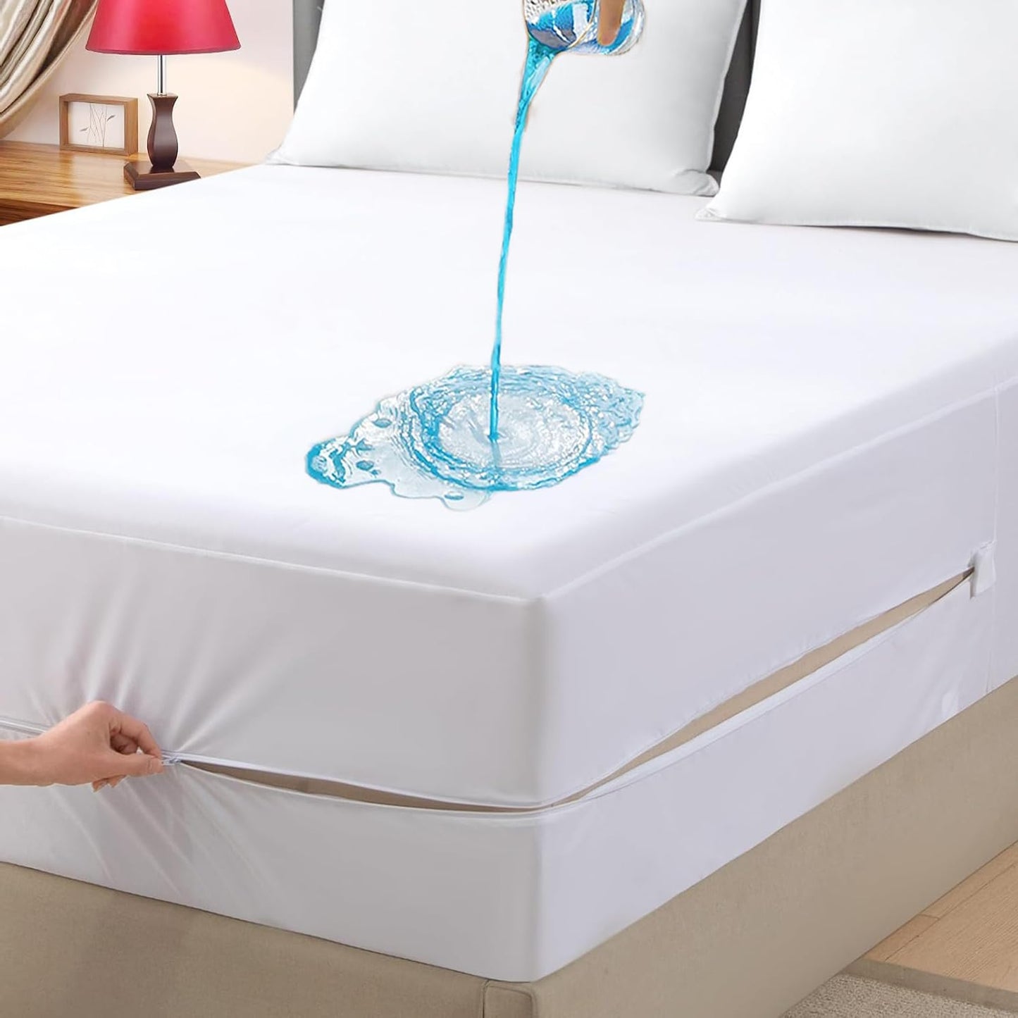 King Waterproof Zippered Mattress Encasement, Breathable, Noiseless, Machine-Washable Zipped Mattress Cover, Fitting 7" - 15" Deep Mattress