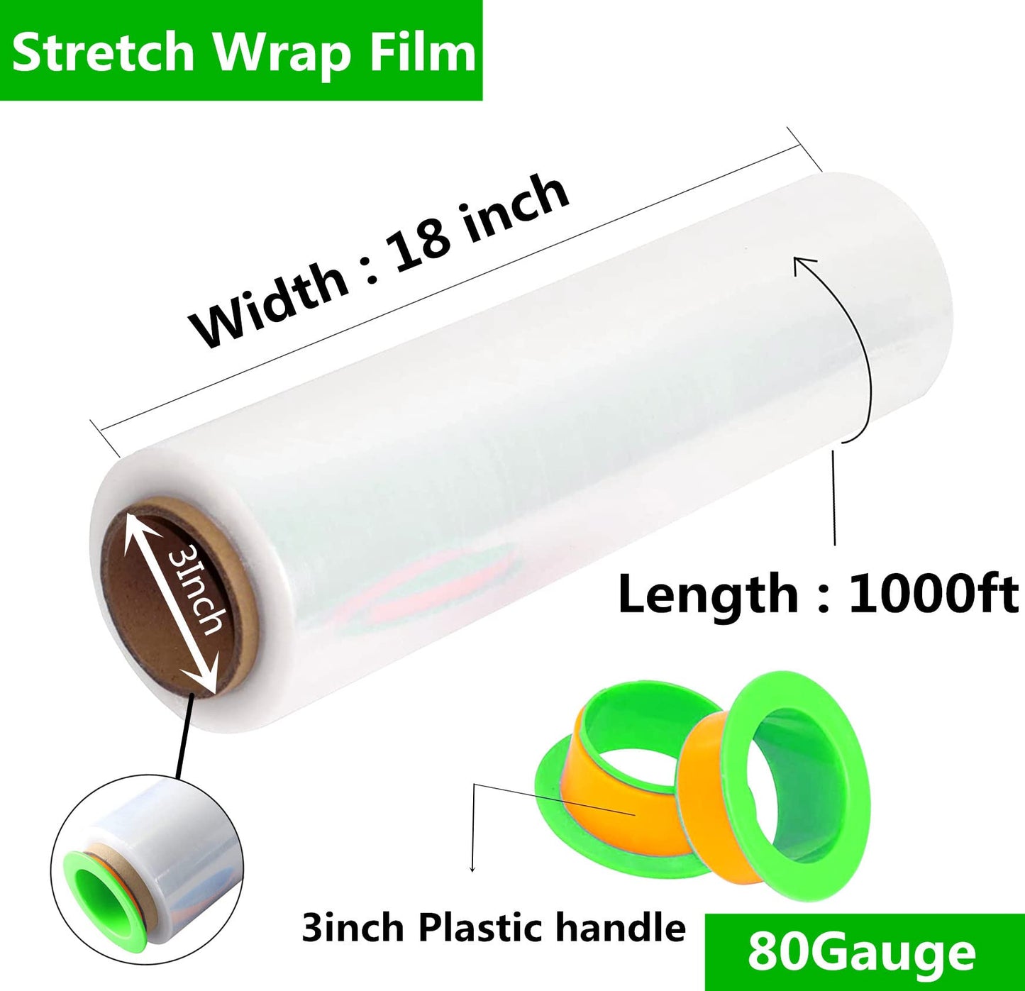 2-Pack Clear Stretch Wrap 18" x 1000 Feet 80 Gauge Industrial Strength with Plastic Handle, Plastic Pallet Supplies Durable Self-Adhering for Packing, Moving, Heavy Duty Shrink Film Rolls