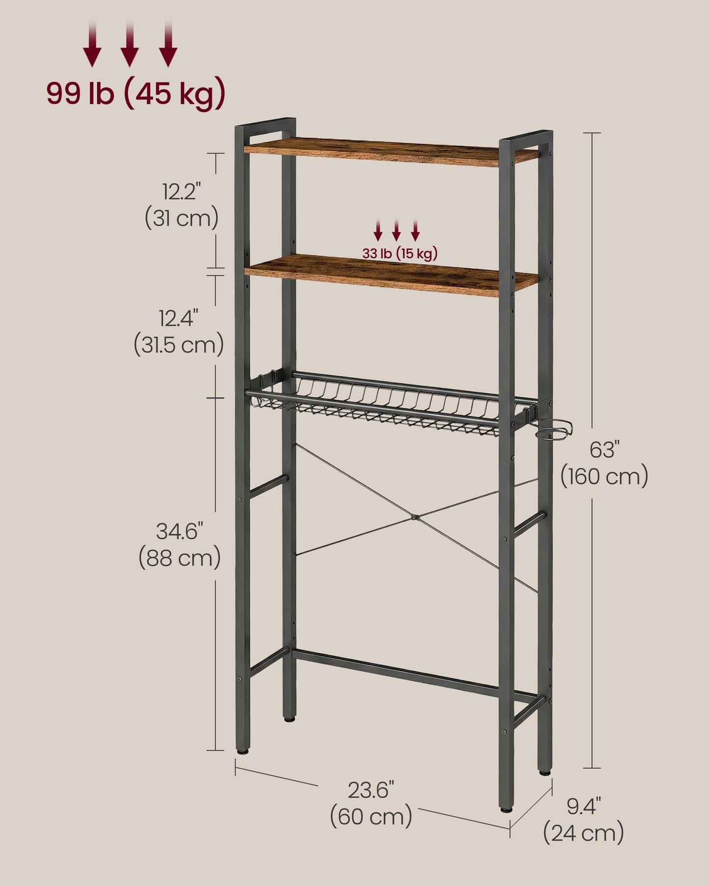 VASAGLE BARNET Collection - Over the Toilet Storage, Over Toilet Bathroom Organizer with Adjustable Shelves and Basket, 3 Hooks, Space Saving, 9.4 x 23.6 x 63 Inches, Rustic Brown UBTS113KD01S