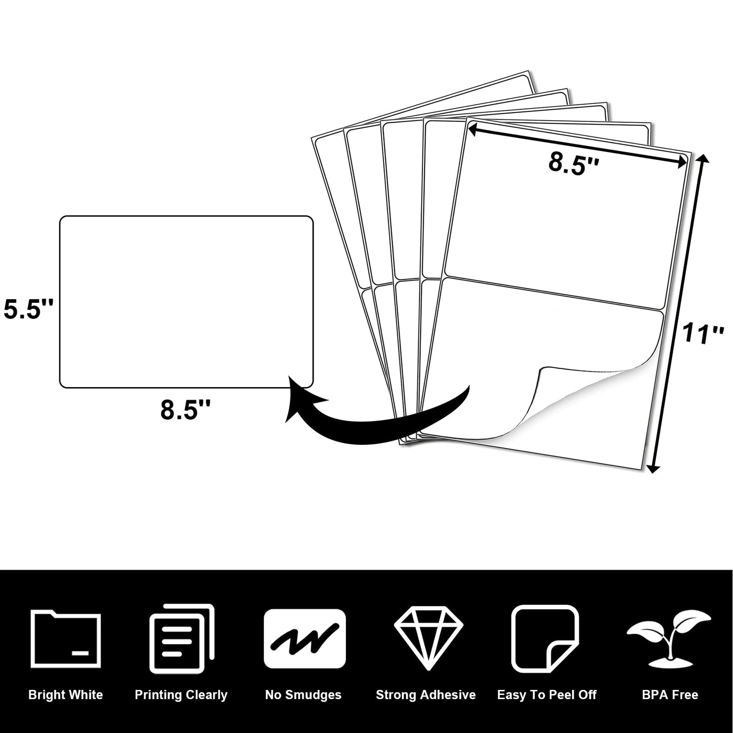 LabelMore 8.5'' x 5.5'' Half Sheet Self Adhesive Shipping Labels for Laser & Inkjet Printers - Rounded Corner - 1000 Labels - Shipping Labels 2 Per Sheet