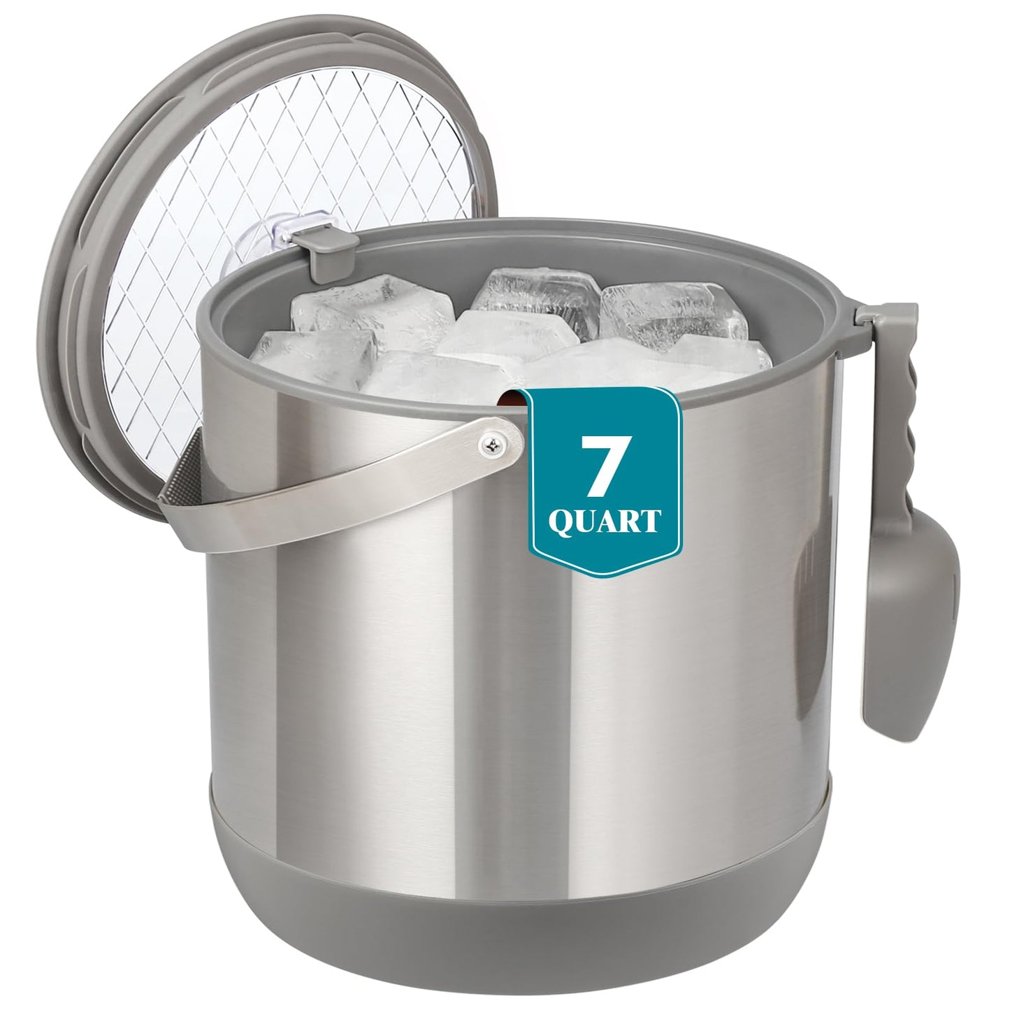 6.8L/7QT Large Insulated Ice Bucket with Lid & Scoop,Double-Wall Ice Bucket for Parties,Cocktail Bar(Grey)
