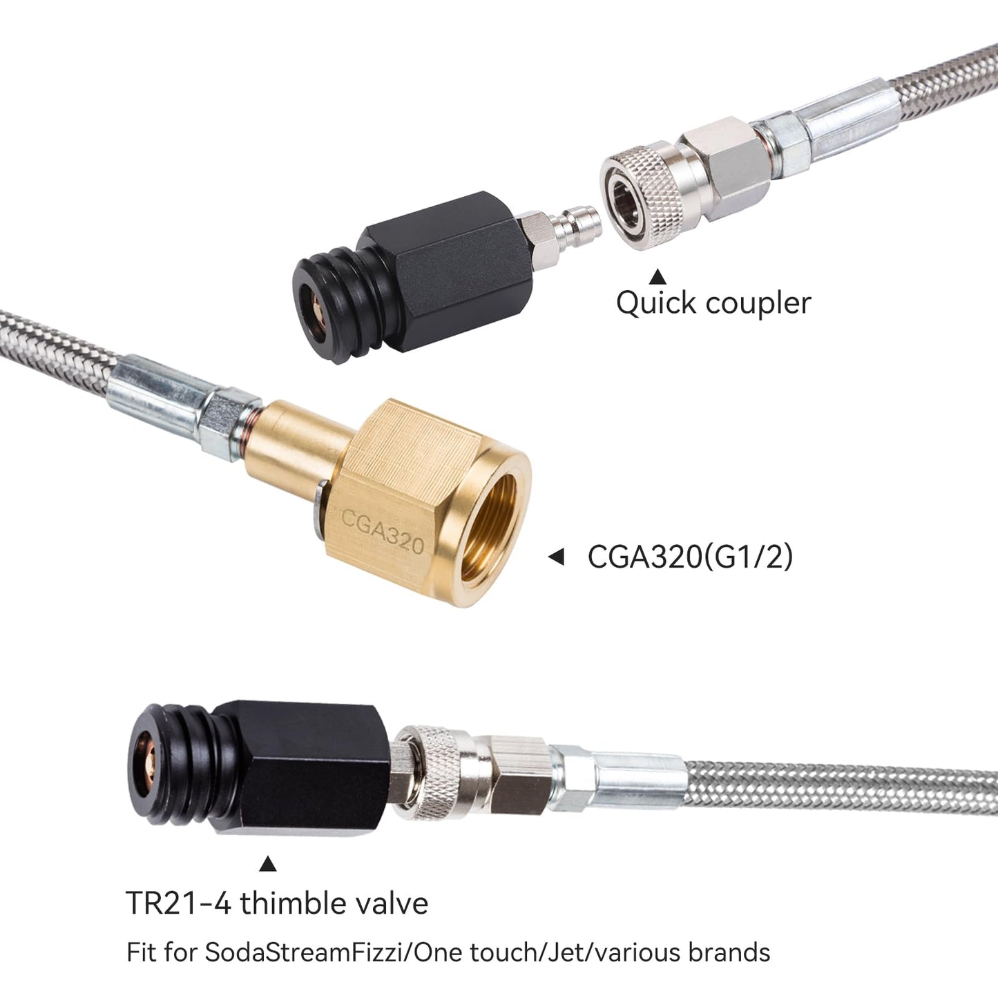 GURUDAR CO2 Tank CO2 Cylinder Direct Adapter with 60in Stainless Steel Hose, CGA320 to TR21-4 Carbonated Water Soda Maker Connector for Fizzi One Touch Jet Ninja Thirsti