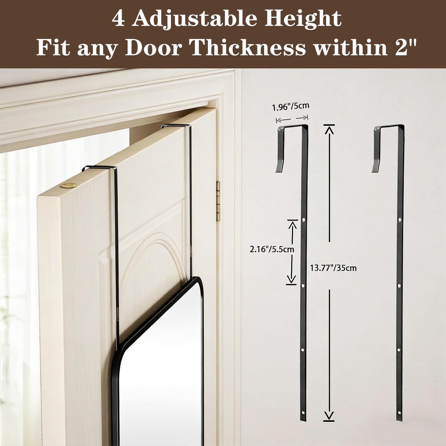 DMWOODFL 14"x48" Full Length Over The Door Mirror, Aluminum Alloy Frame Full Body Mirror with Height-Adjustable Hangers, Hanging Leaning Against Wall for Dorm Bathroom, Bedroom, Entryway Decor(Black)