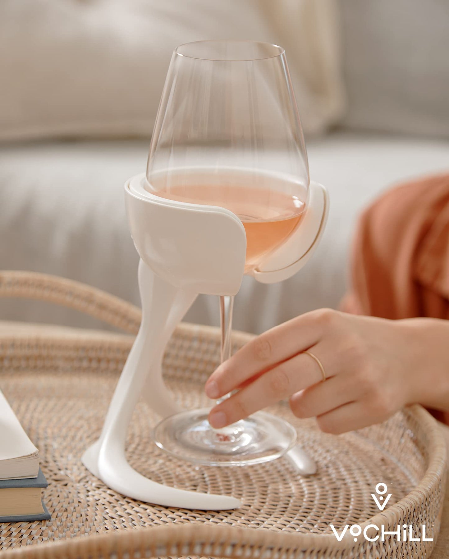 VoChill Stemmed Wine Glass Chiller | Made in USA | Radically cool wine tool – keeps wine perfectly chilled in your glass | Refreezable Chill Cradle actively chills (Blush, Single VoChill)