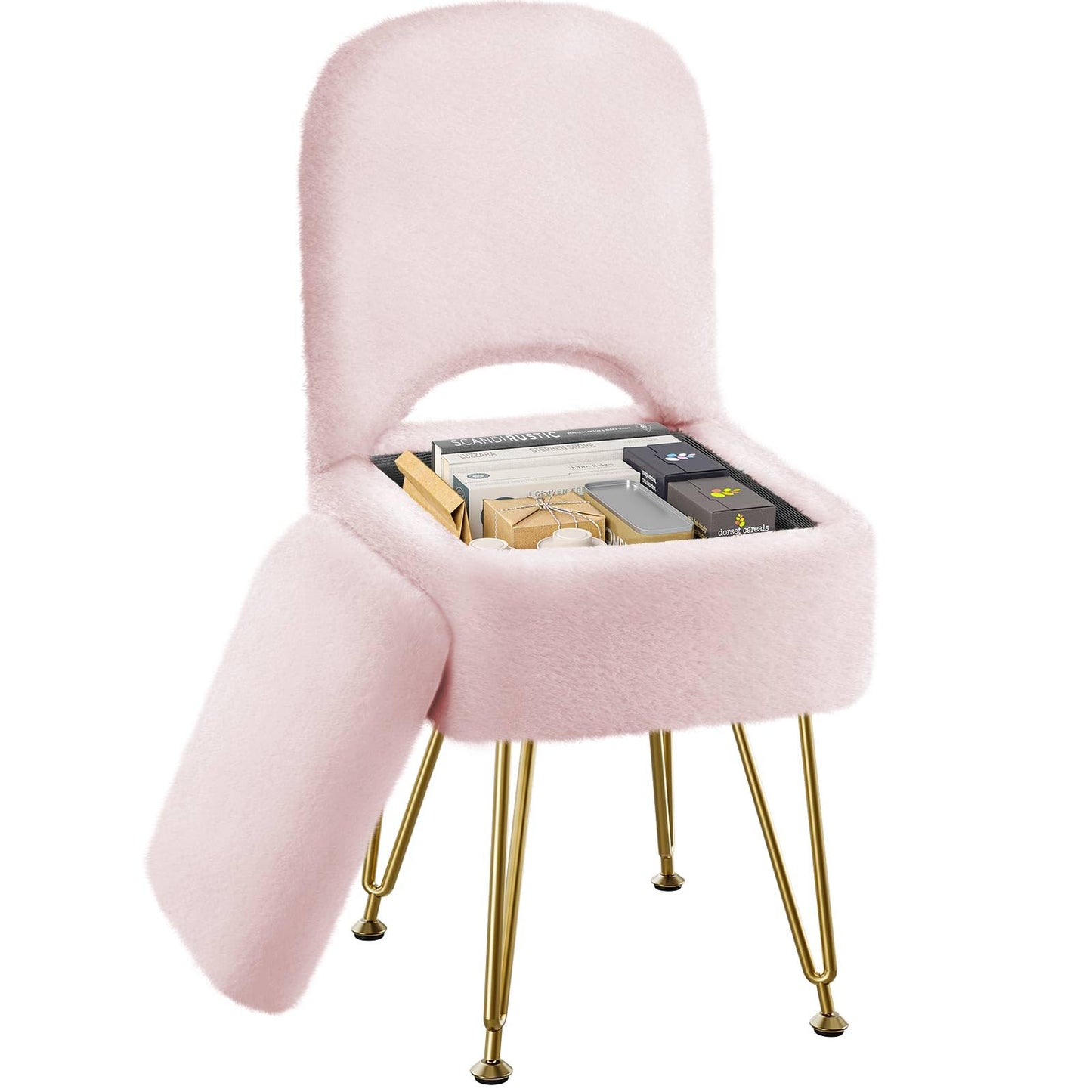 GREENSTELL Vanity Stool Chair with Storage and Folding Back, 13.4" x 15" x 30" Square Faux Fur Soft Ottoman, 4 Metal Legs with Anti-Slip Feet, Furry Padded Seat for Makeup, Bedroom, Pink