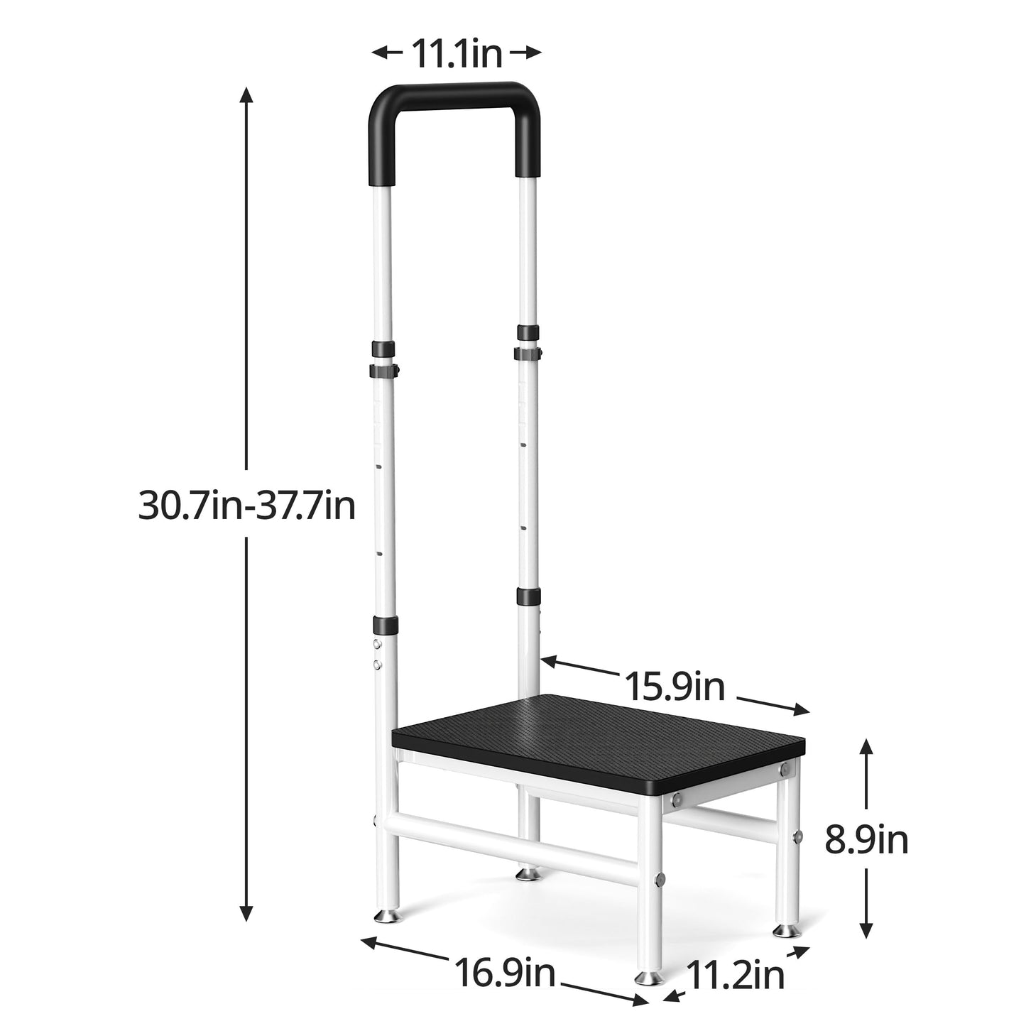 Step Stool with Handle for Adults and Seniors, Heavy Duty One Step Wooden Platform Stool with Adjustable Handrail, Wide Non Slip Footstool for Bedside, Bathroom and Home