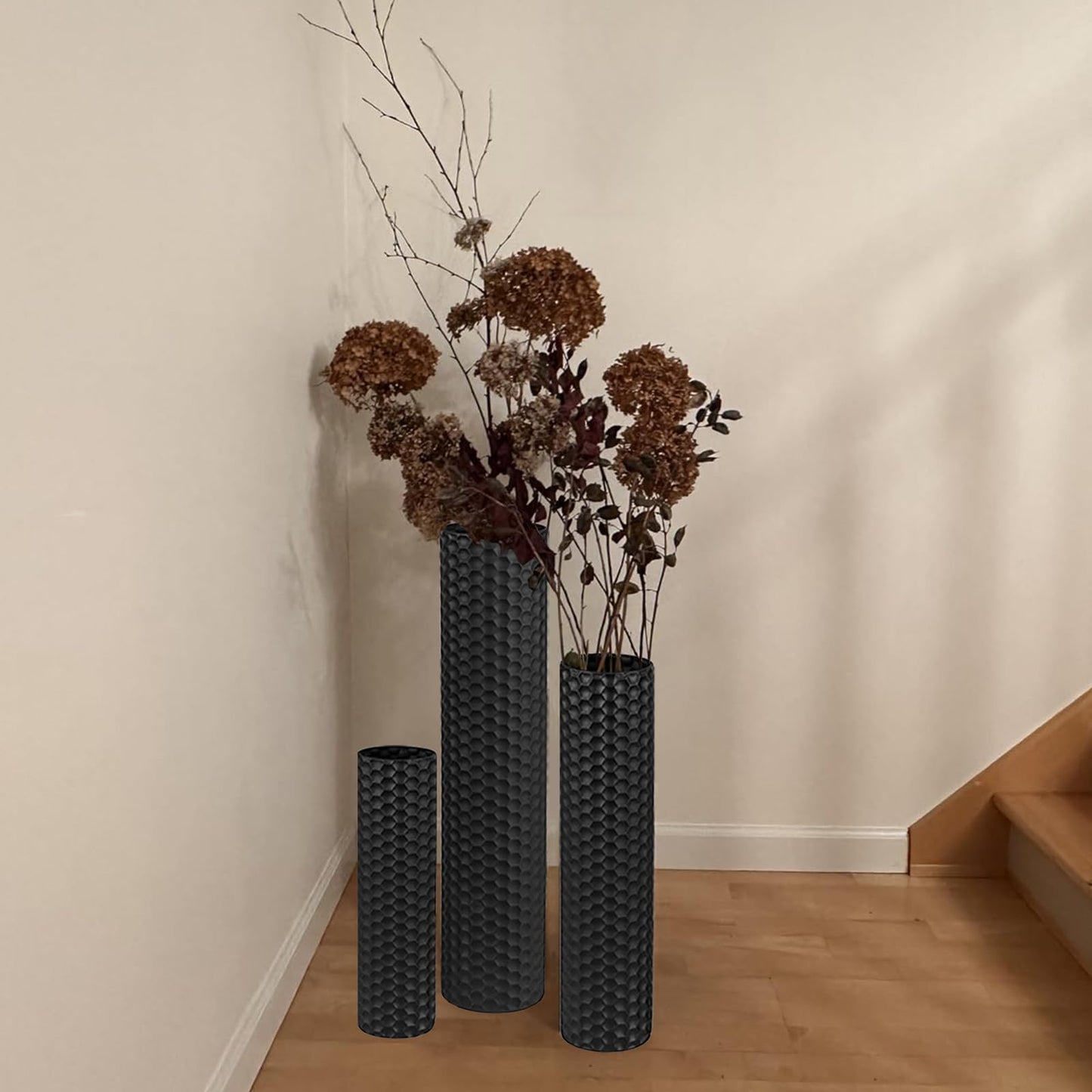 NOLIPED Black Tall Floor Vase - Set of 3 Extra Large Metal Decorative Vases for Living Room, 27.6" Long Modern Honeycomb Texture Big Cylinder Standing Corner Decor for Home Dining Bedroom Pampas Grass