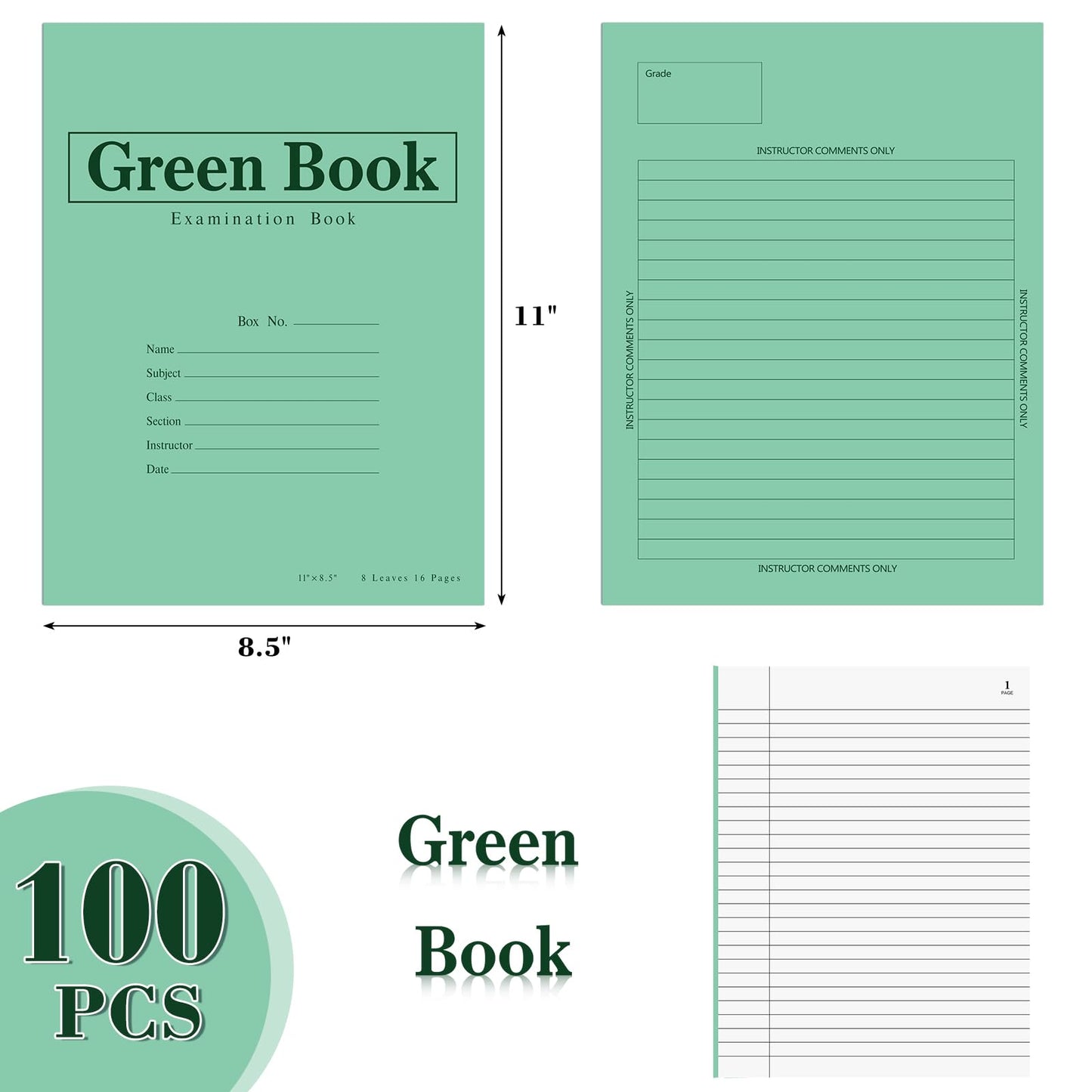 Skyygemm 100 Pack Green Exam Book Green Test Book, 8.5" x 11", 8 Sheets 16 Pages, Wide Ruled Saddle Stitched Examination Notebook for Home Business School Office