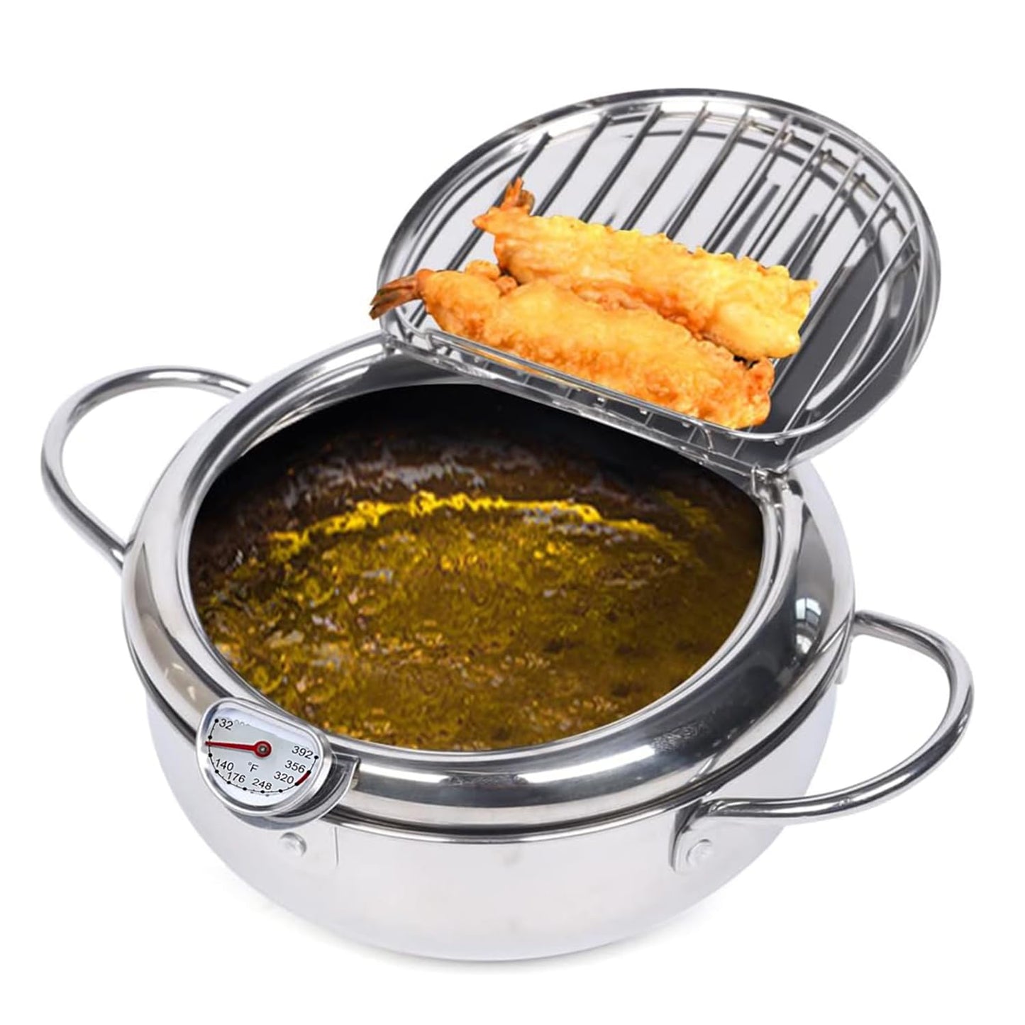 Deep Fryer Pot 11 Inch Large Stove Top with °F Temperature Control and Oil Drip Drainer Rack for French Fries Chicken Japanese Tempura