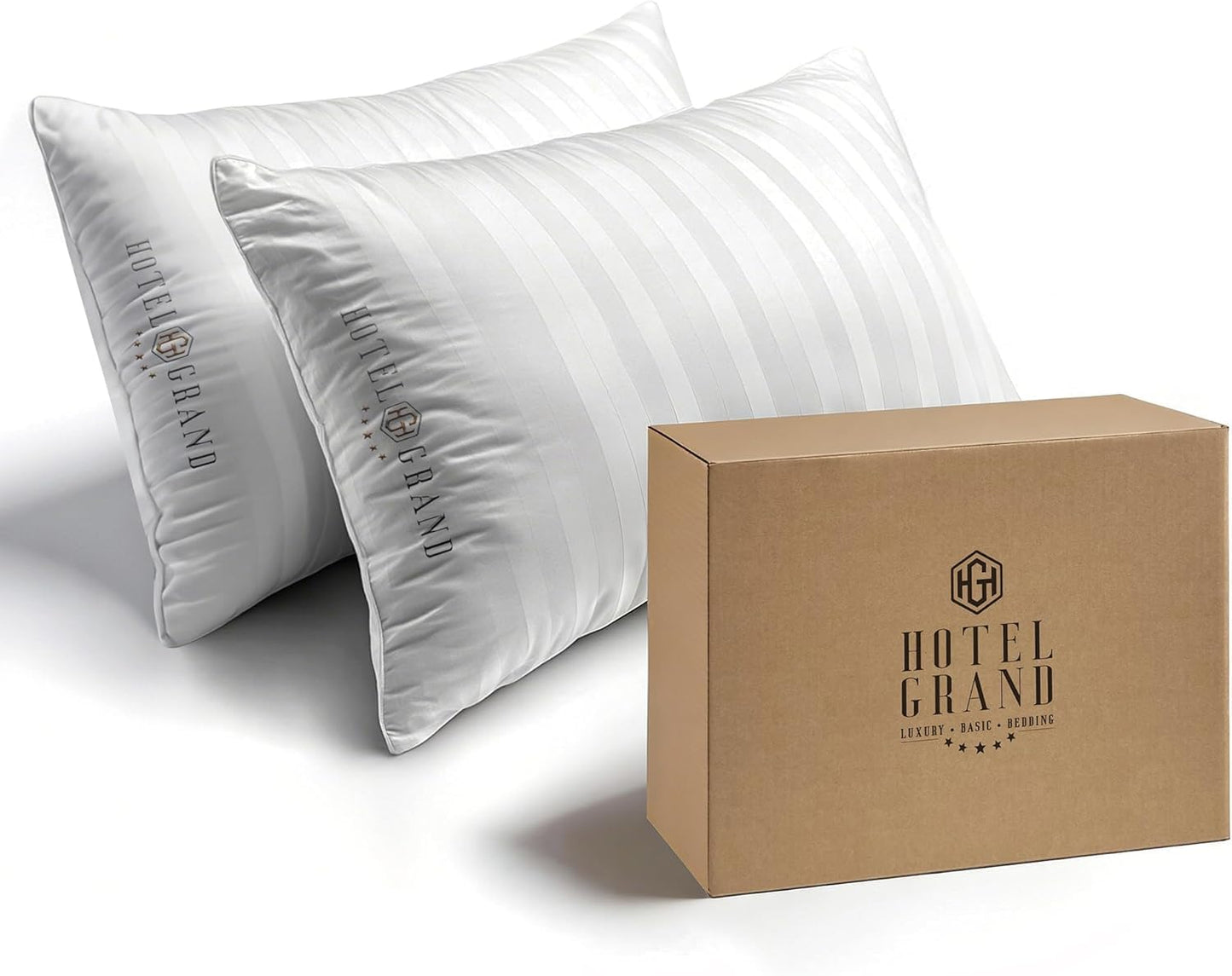 Hotel Grand Bed Pillows Standard Size Set of 2 Packs - 500 Thread Count 100% Cotton Medium Firm Hypoallergenic Feather Down Pillows Machine Washable Pillow for Back, Stomach or Side Sleepers, 20"x26"