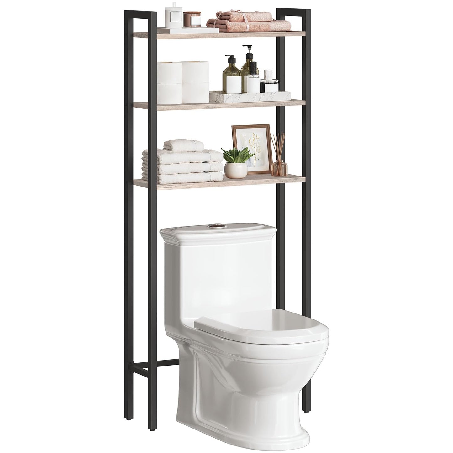 HOOBRO Over The Toilet Storage, 3-Tier Bathroom Organizer Shelf Over Toilet, Freestanding Bathroom Storage Shelves, Space Saver, Easy to Assemble for Room, Greige and Black BG41TS01