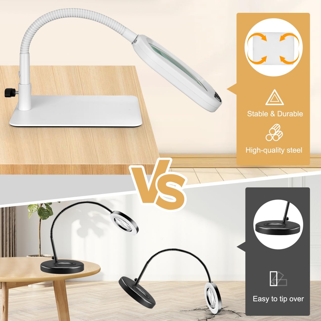 Veemagni 12X Rectangle Magnifying Glass with Light and Stand, Flexible Gooseneck LED Lighted Desk Lamp, 5 Color Modes Stepless Dimmable, Hands Free Magnifier for Reading Painting Close Work - White