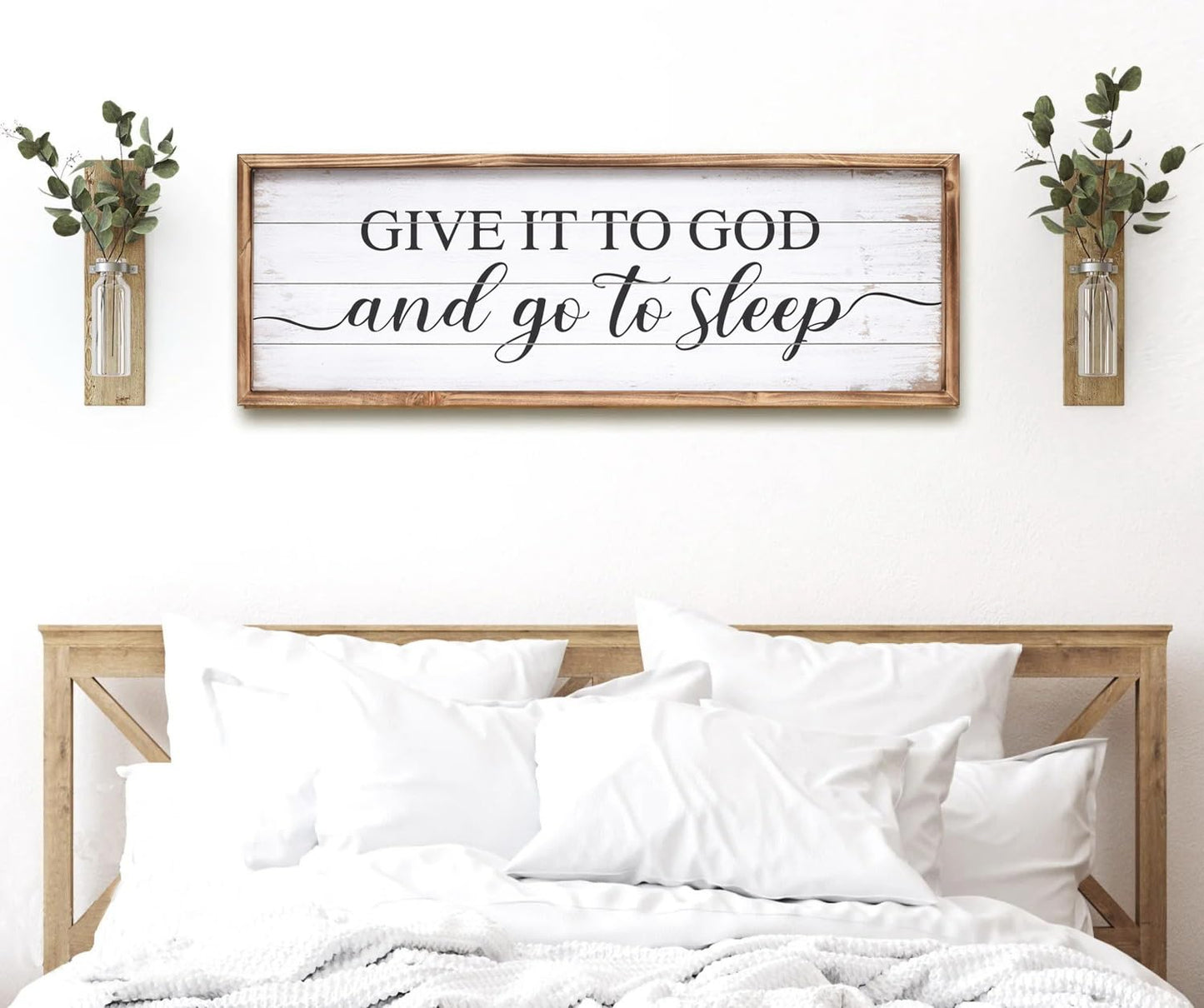 UPPER DECOR Give It to God and Go to Sleep Sign 42''×15'' Large Above Bed Wall Decor Farmhouse Bedroom Decor Wood Guest Room Decor Framed Wall Art Rustic Master Bedroom Wall Decoration